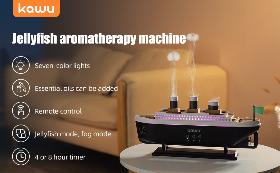 KAWU Steamship Shaped Humidifiers for Bedroom 250ml Ultrasonic Essential Oil Diffuser for Room Home Office, Jellyfish-shaped Fog, 7 Lighting Modes, Remote Control, Auto Shut-Off, 4\/8H Timer 28dB Quiet