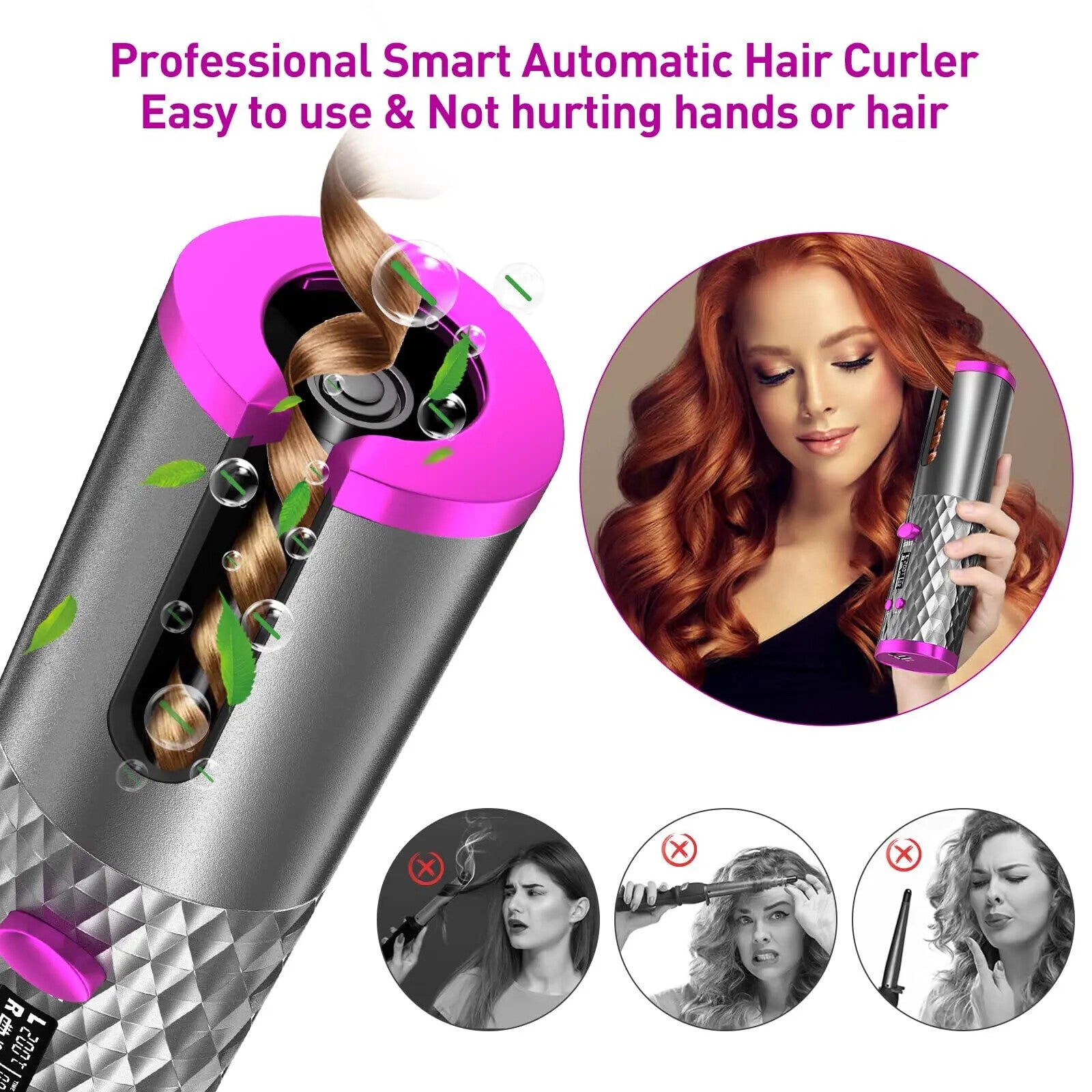 Cordless Automatic Wireless Hair Curler Rotating Handheld Function LCD Display