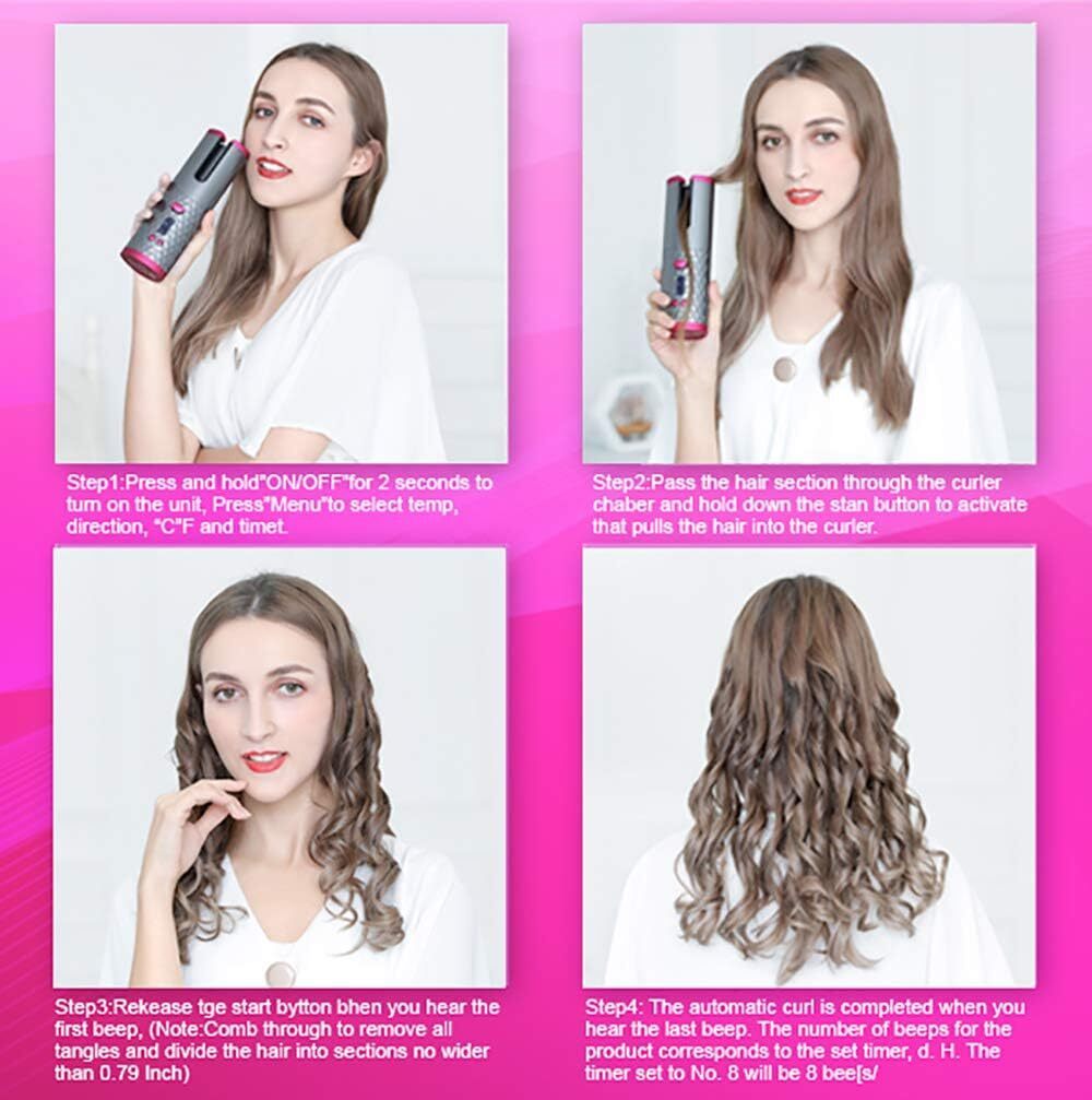 Cordless Automatic Wireless Hair Curler Rotating Handheld Function LCD Display