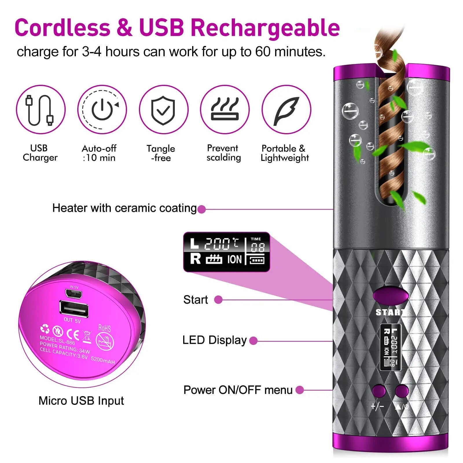 Cordless Automatic Wireless Hair Curler Rotating Handheld Function LCD Display