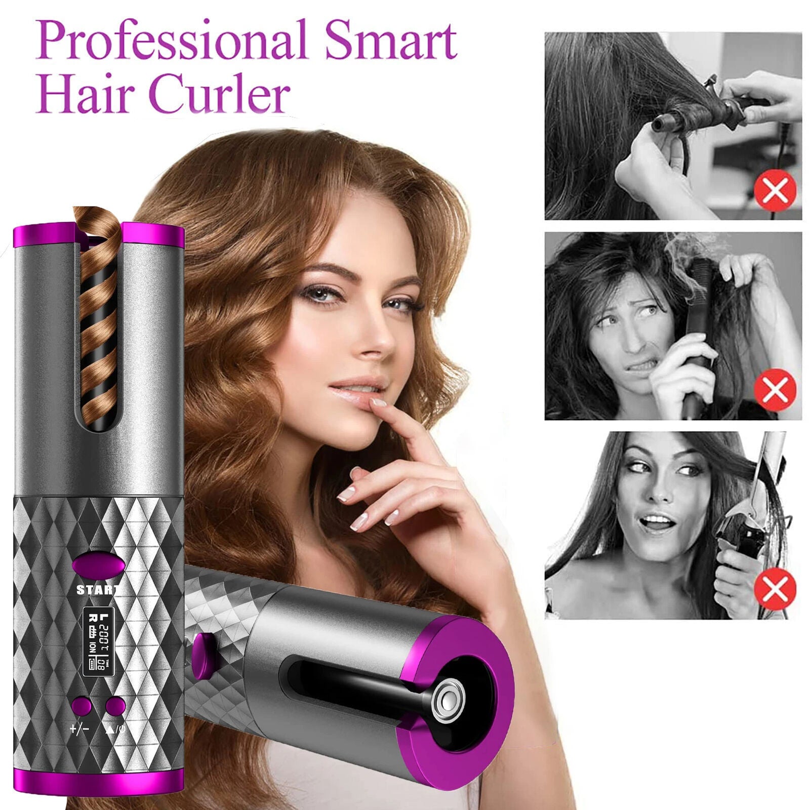 Cordless Automatic Wireless Hair Curler Rotating Handheld Function LCD Display