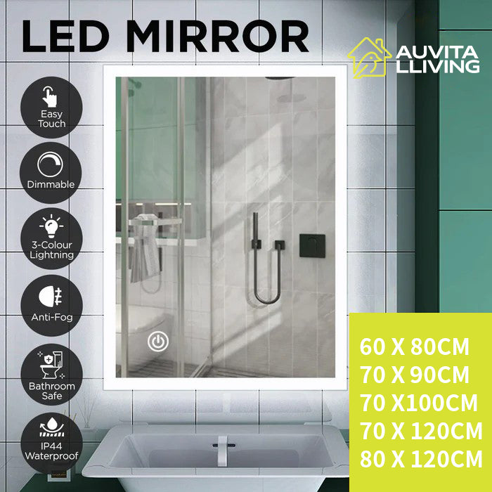 LED Bathroom Rectangular Vanity Mirror Light Dimmable Anti-Fog Wall Mounted Touch switch Mirror Light - 70 x 120cm