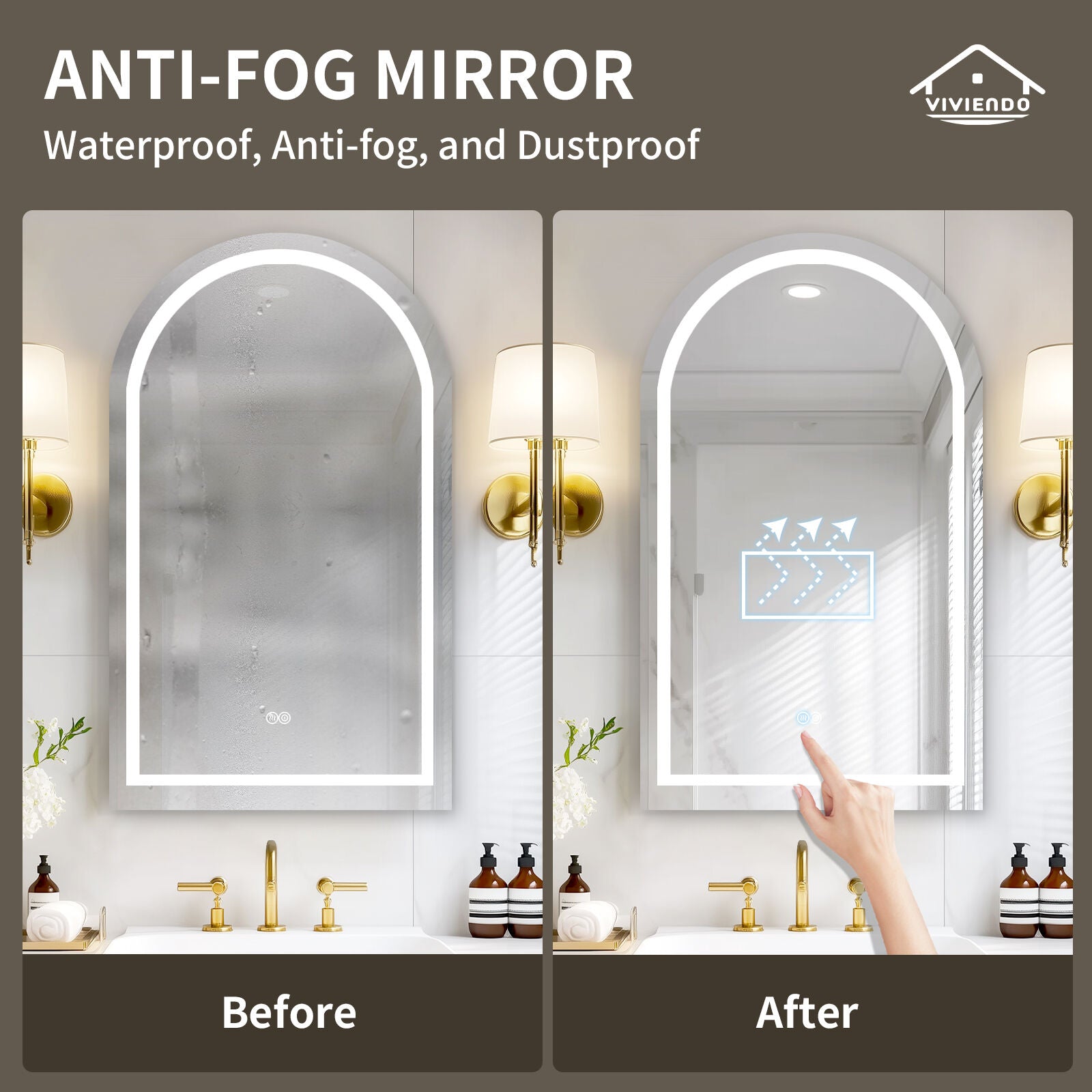 Arch Bathroom Wall Mirror Anti-Fog Vanity Makeup LED Mirrors 50x90cm