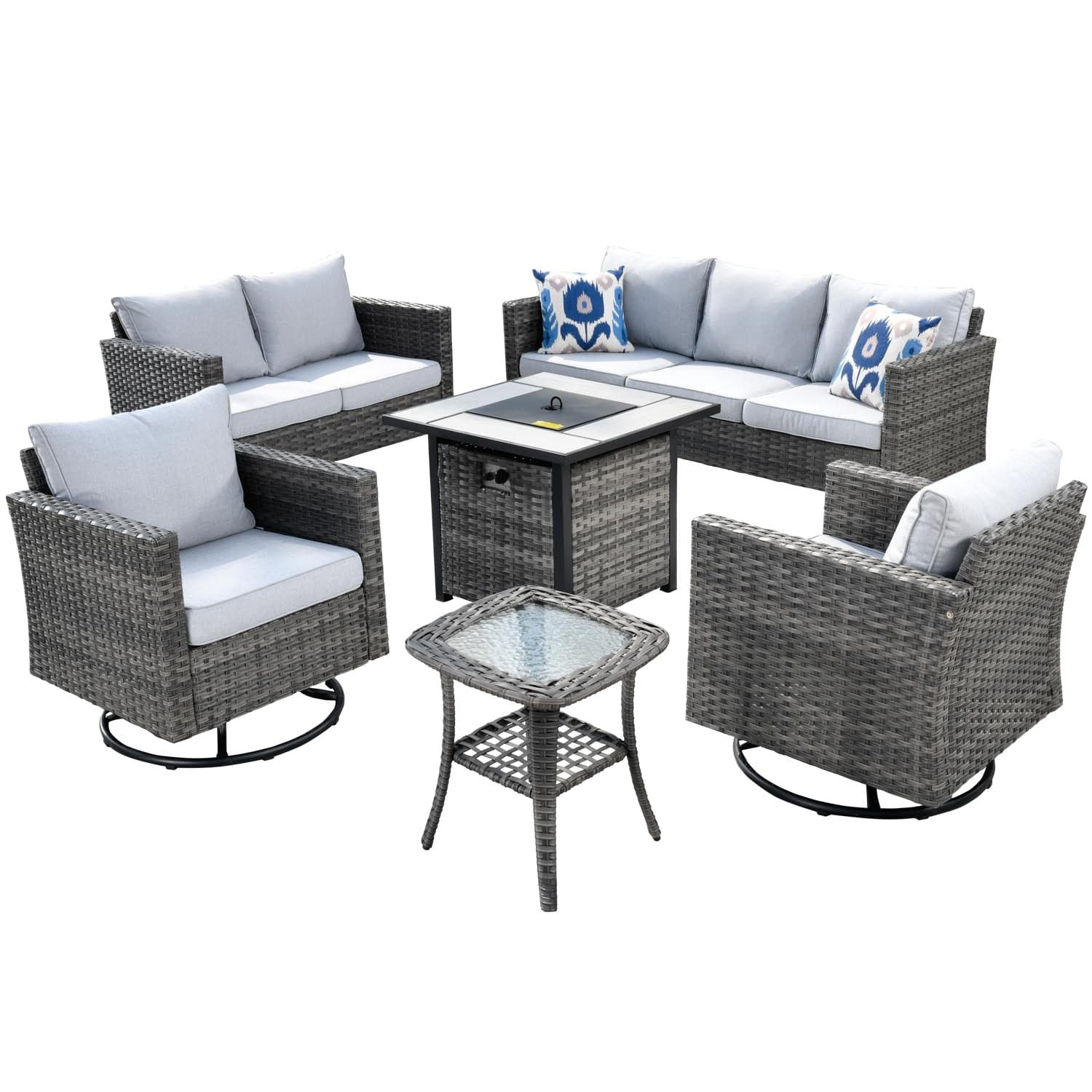 Patio Vultros 6-Piece Set With Swivel Chair Lover seat and 30'' Propane Fire Pit Table