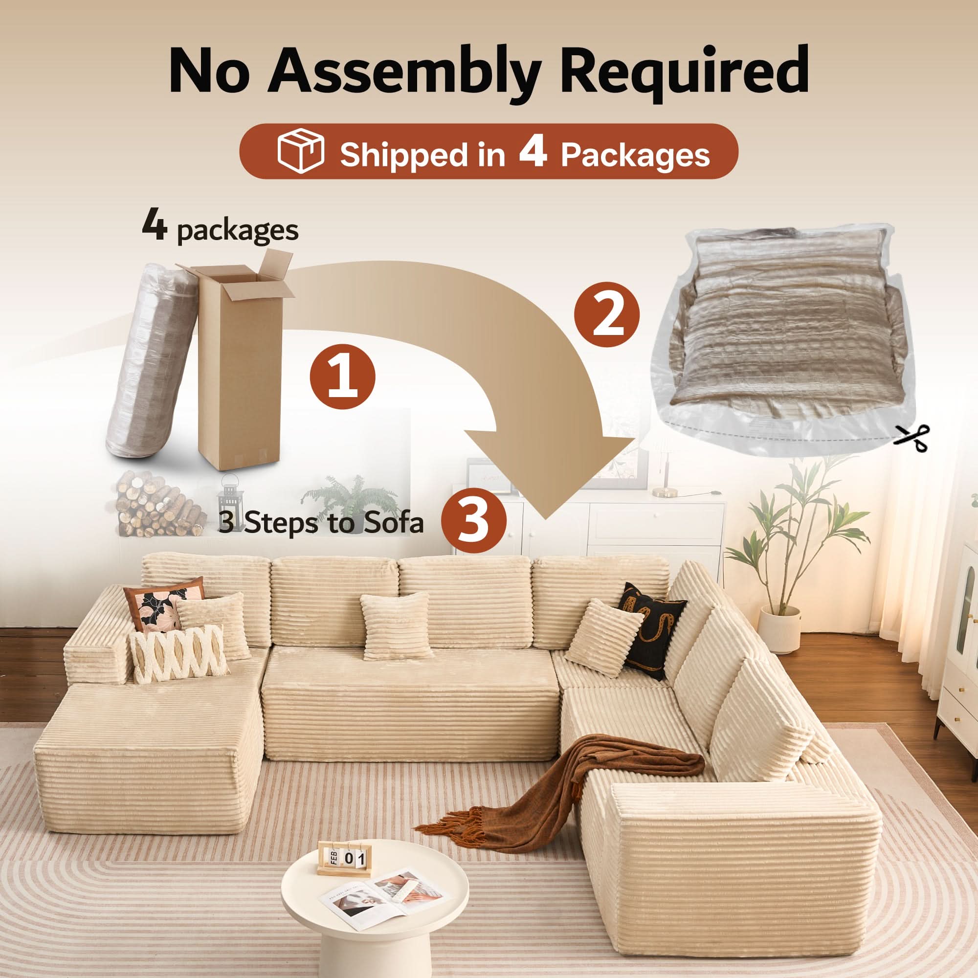 Memory Foam Cloud Sofa: Modular L-Shape Chaise in Corduroy Fabric, No Assembly Required