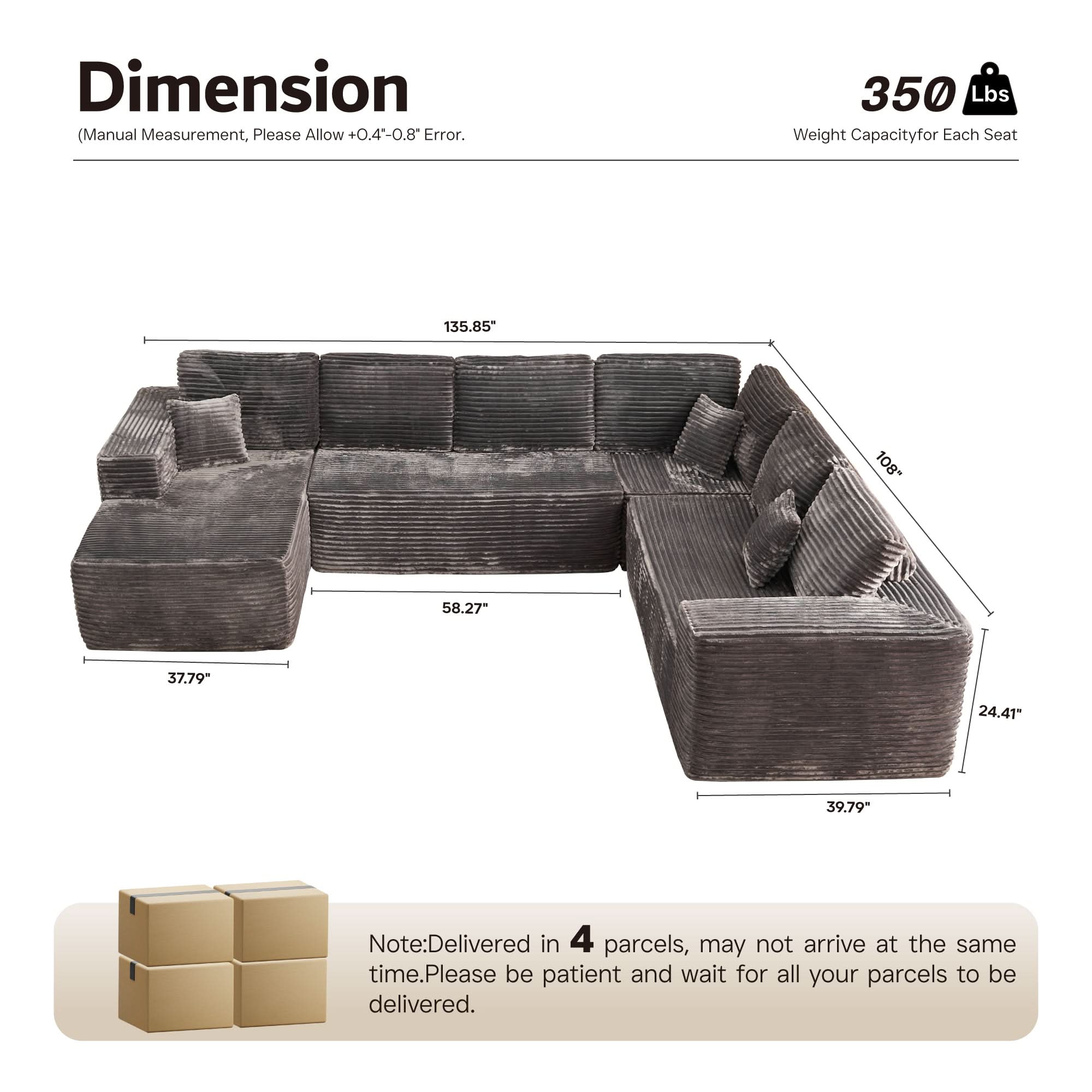 Memory Foam Cloud Sofa: Modular L-Shape Chaise in Corduroy Fabric, No Assembly Required