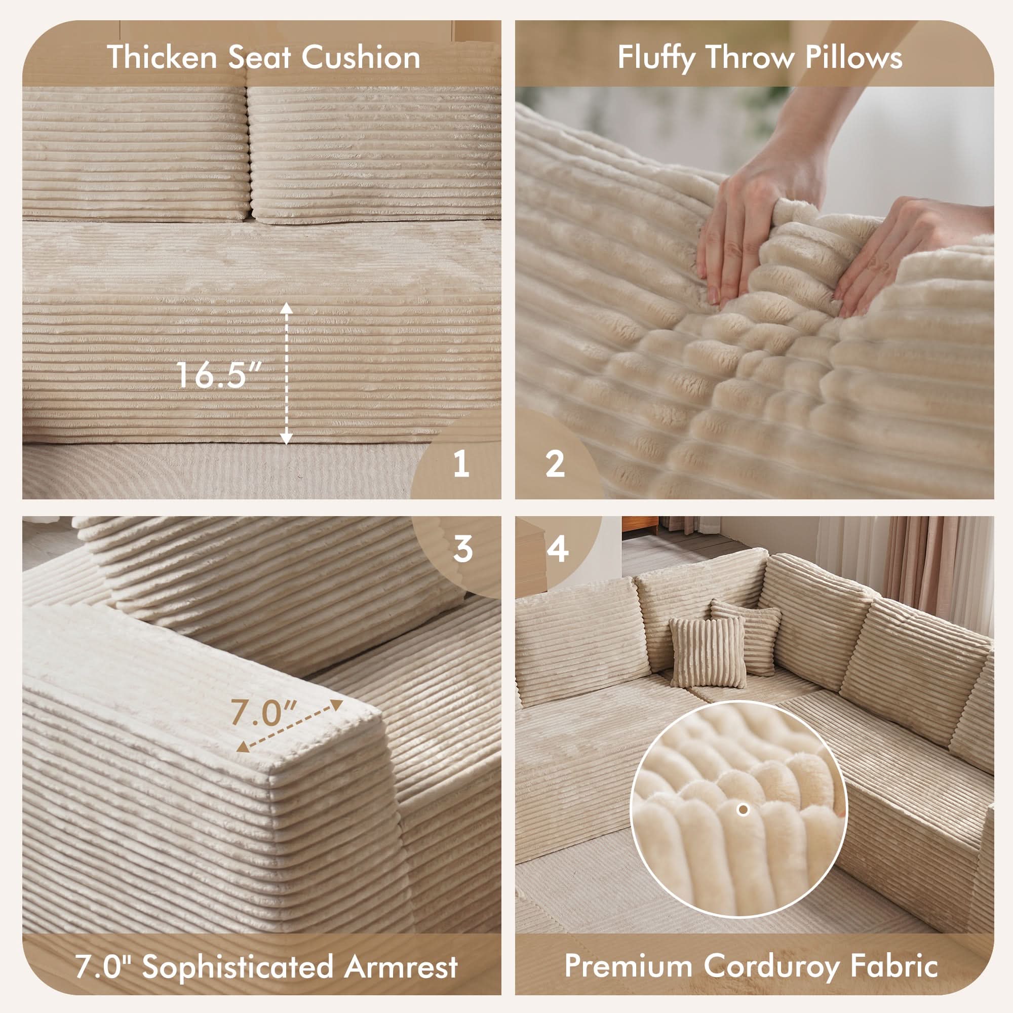 Modular Cloud Sofa with Memory Foam, L-Shaped Chaise & Corduroy Upholstery - No Assembly Required
