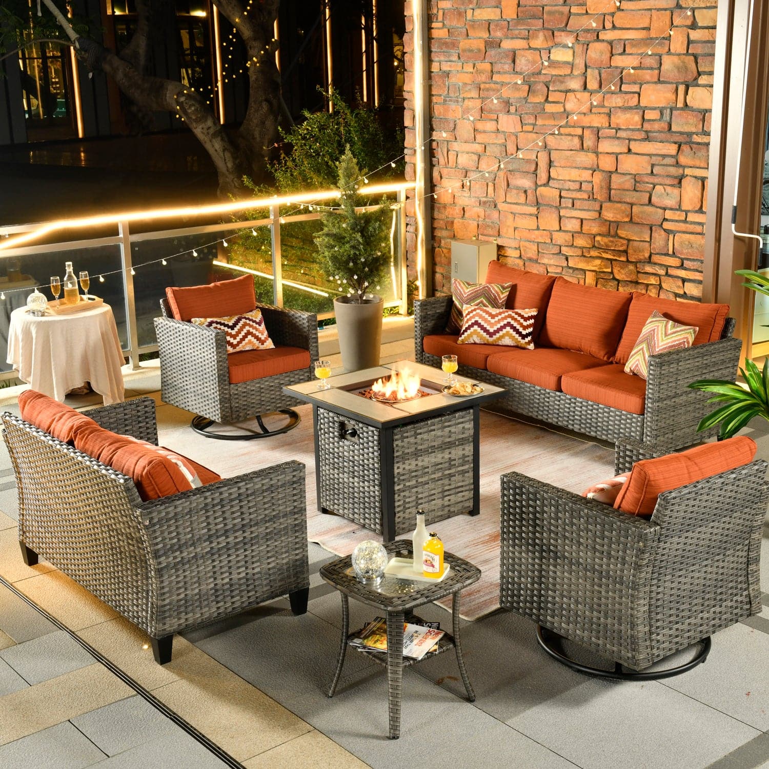 Patio Vultros 6-Piece Set With Swivel Chair Lover seat and 30'' Propane Fire Pit Table