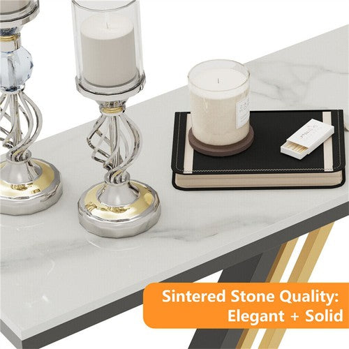 Solid marble console, entry table, hexagonal metal frame