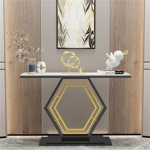 Solid marble console, entry table, hexagonal metal frame