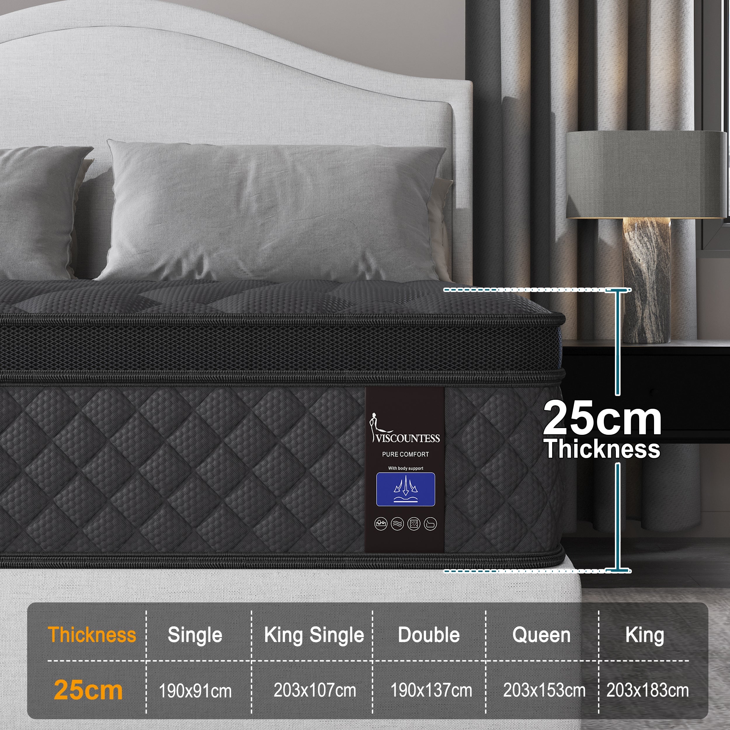 Viscountess 25cm Queen Double King Single Bed Mattress Gel Memory Foam Pocket Spring