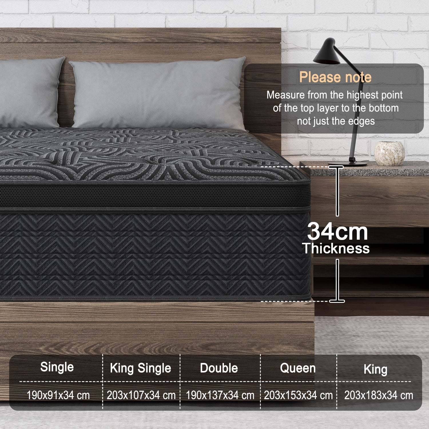 Viscountess 34cm Mattresses Queen Double King Single