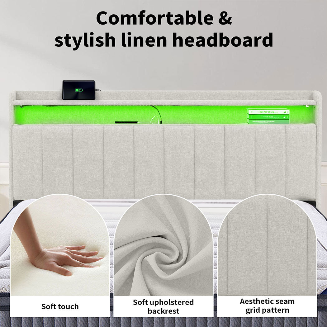 Familand LED Queen Bed Frame Storage Headboard Upholstered Charging Station Cream