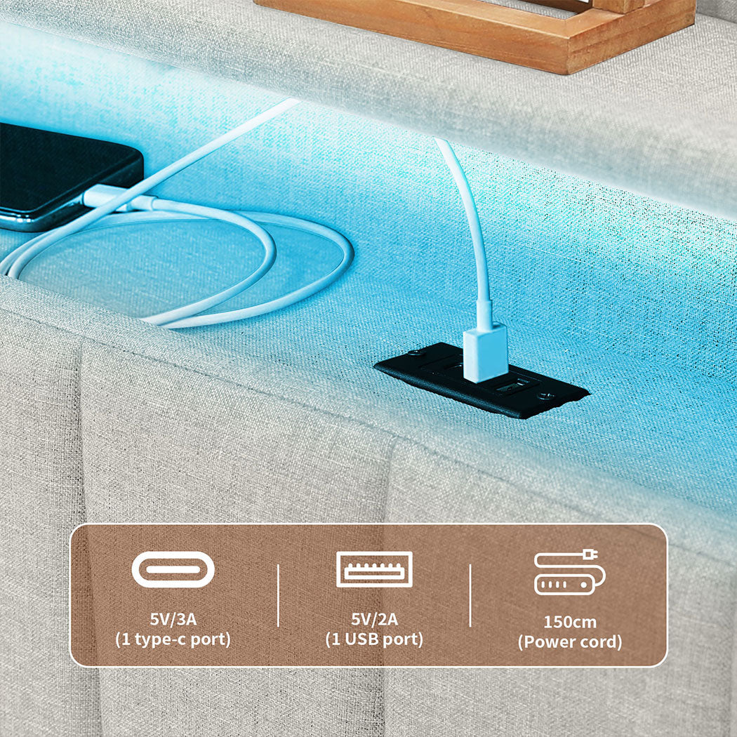 Familand LED Queen Bed Frame Storage Headboard Upholstered Charging Station Cream