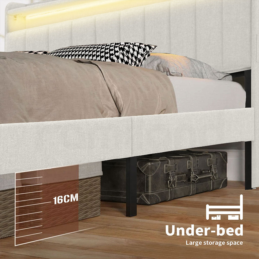 Familand LED Queen Bed Frame Storage Headboard Upholstered Charging Station Cream