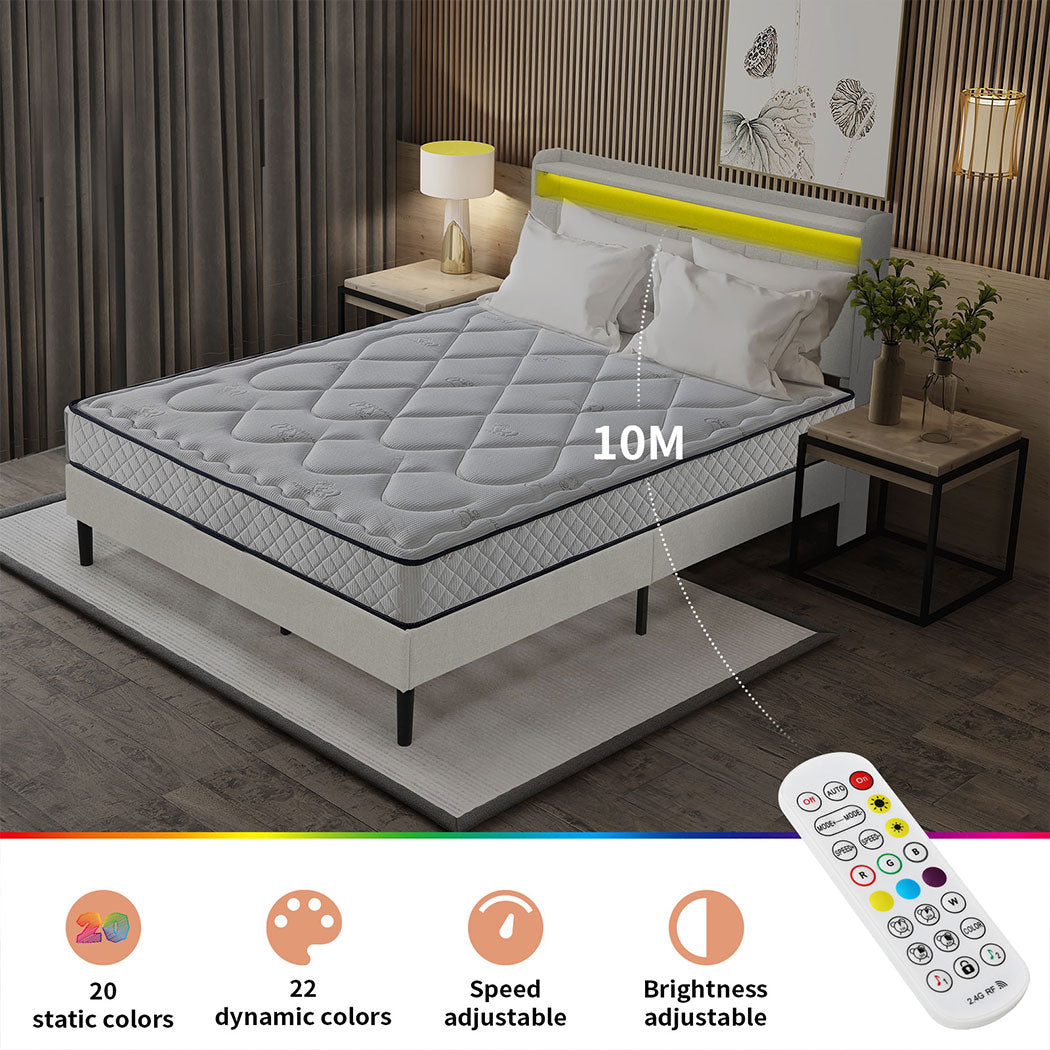 Familand LED Queen Bed Frame Storage Headboard Upholstered Charging Station Cream