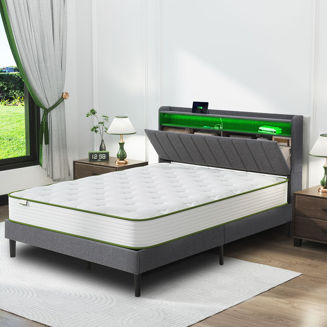 Familand LED Queen Bed Frame Storage Headboard Upholstered Charging Station Grey
