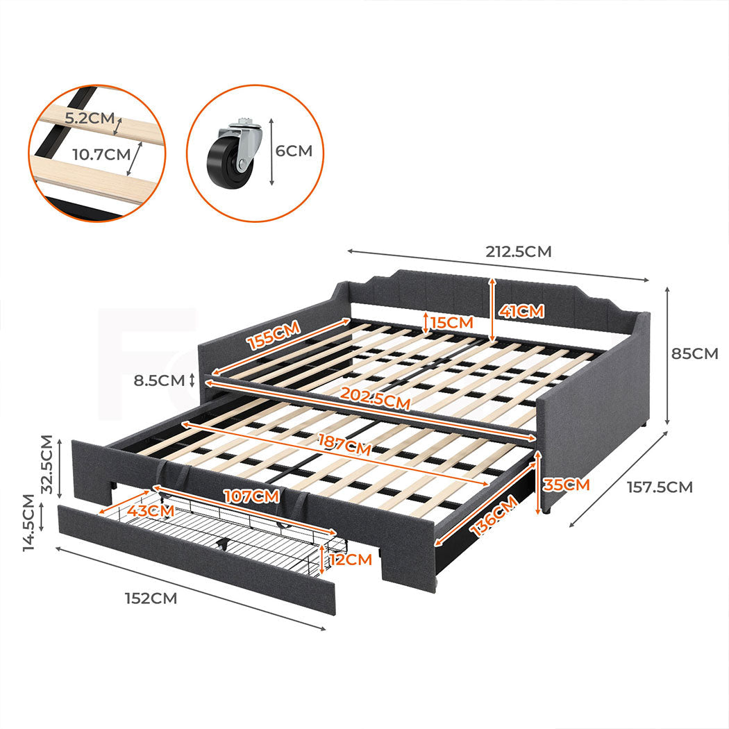 Familand Queen Daybed Trundle Bed Storage Drawer Upholstered Day Bed