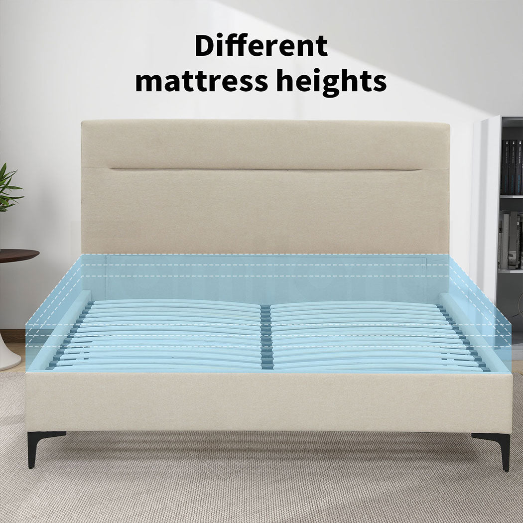 Queen Size Platform Bed Frame Upholstered Headboard in Cream