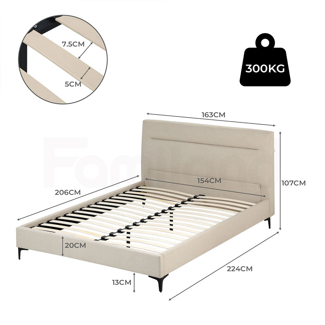 Queen Size Platform Bed Frame Upholstered Headboard in Cream