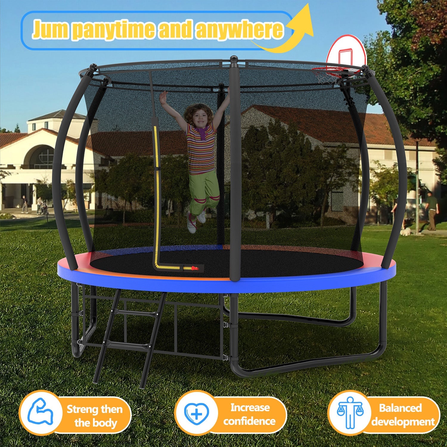 8FT Round Outdoor Trampoline with Net, Basketball Hoop for Trampoline Sunshade Cover