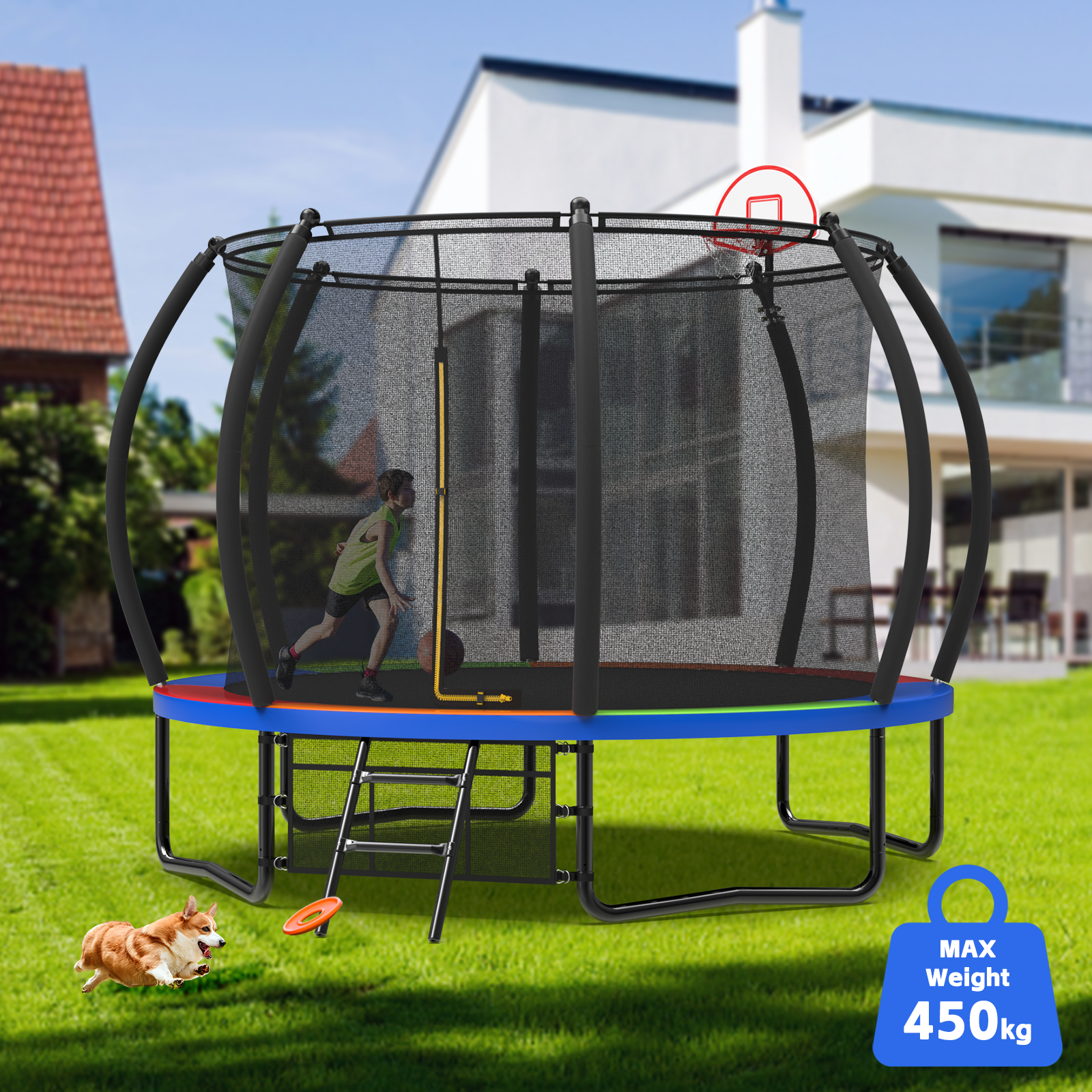 10FT Curved Trampoline For Kids With PE Sunshade Cover and Basketball Hoop