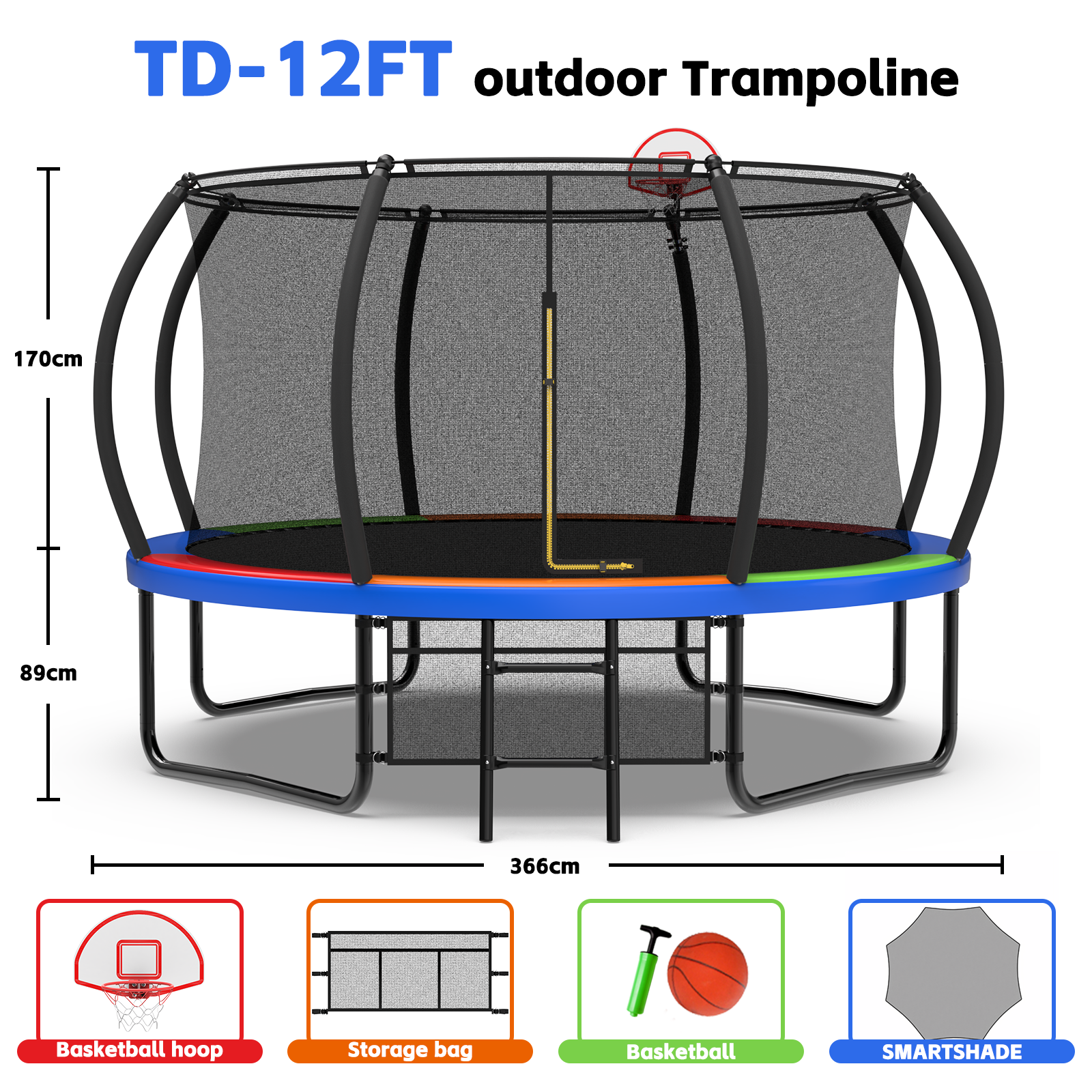 12FT Trampoline Outdoor with Safety Enclosure Net, Recreational Trampoline for Kids and Adults