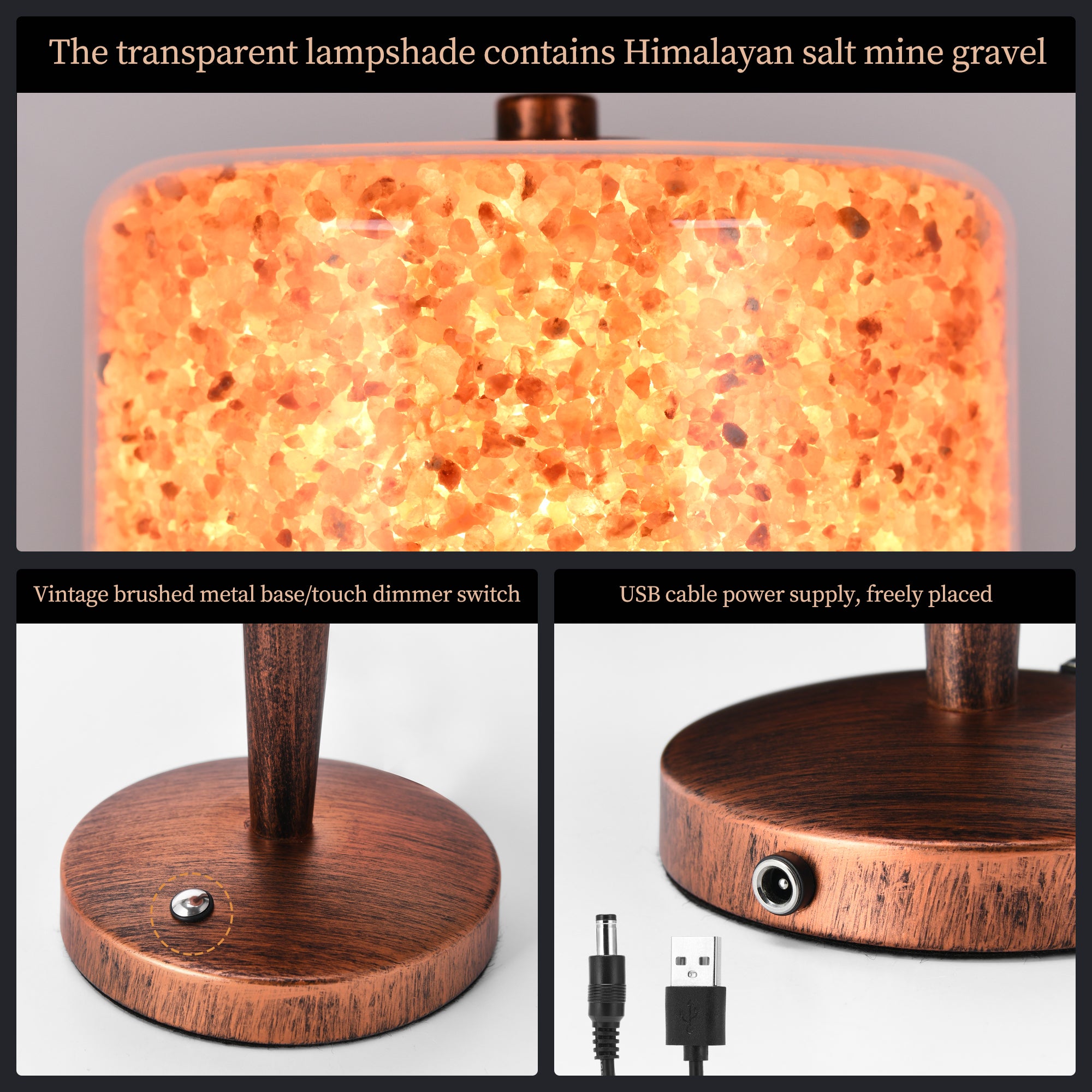 Adjustable brightness Himalayan art table lamp with USB port