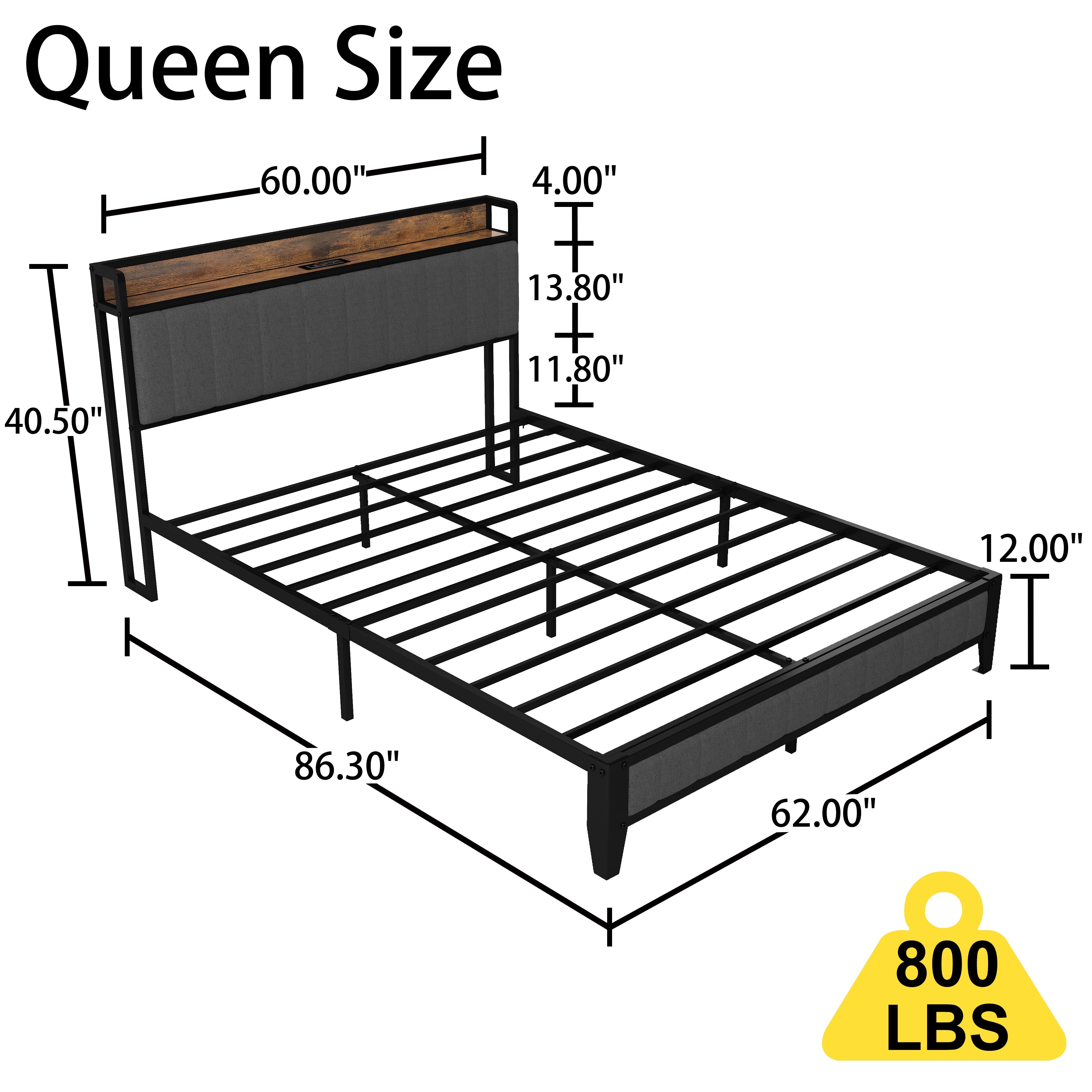 Full Size Bed Frame with Charging Station, Upholstered Headboard