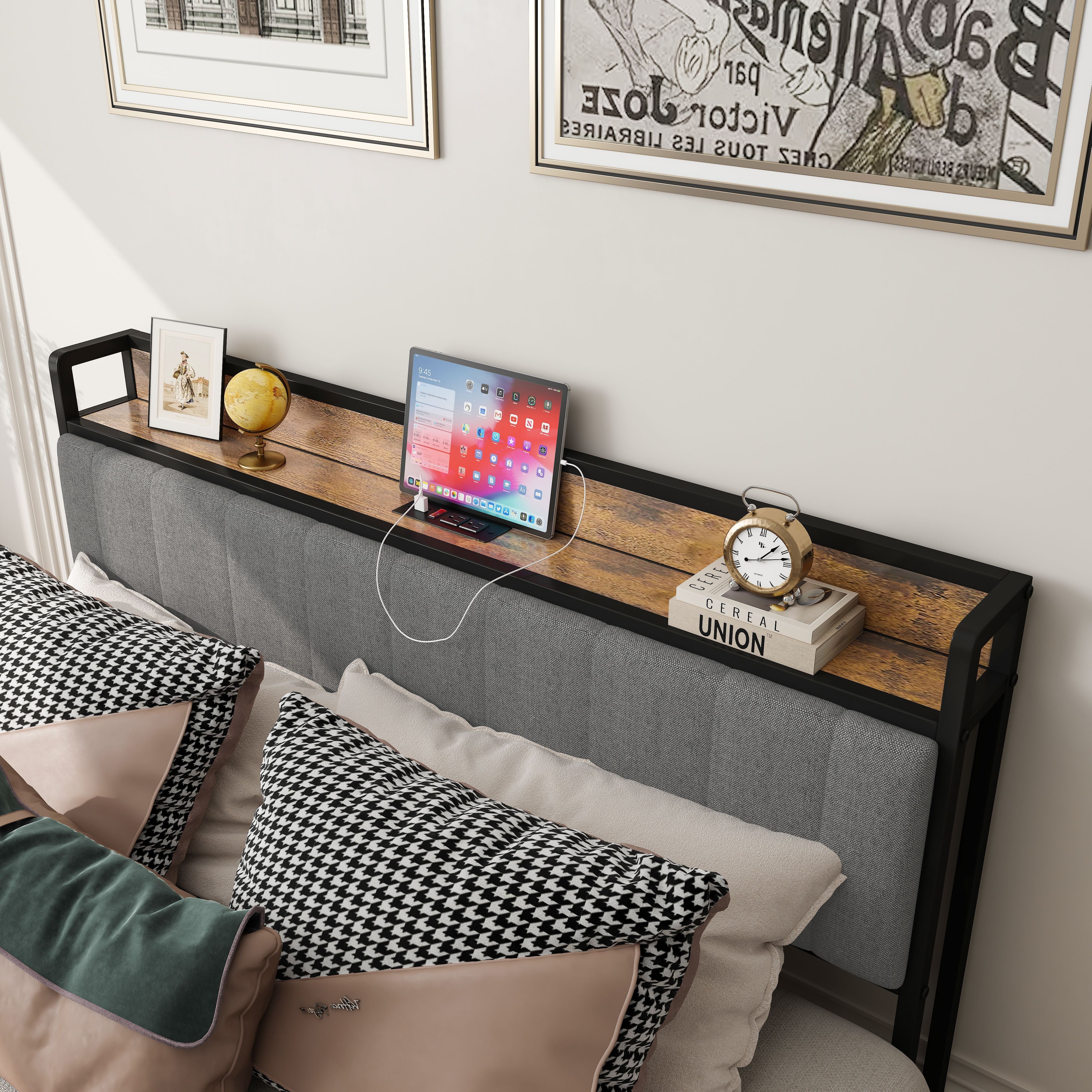 Full Size Bed Frame with Charging Station, Upholstered Headboard