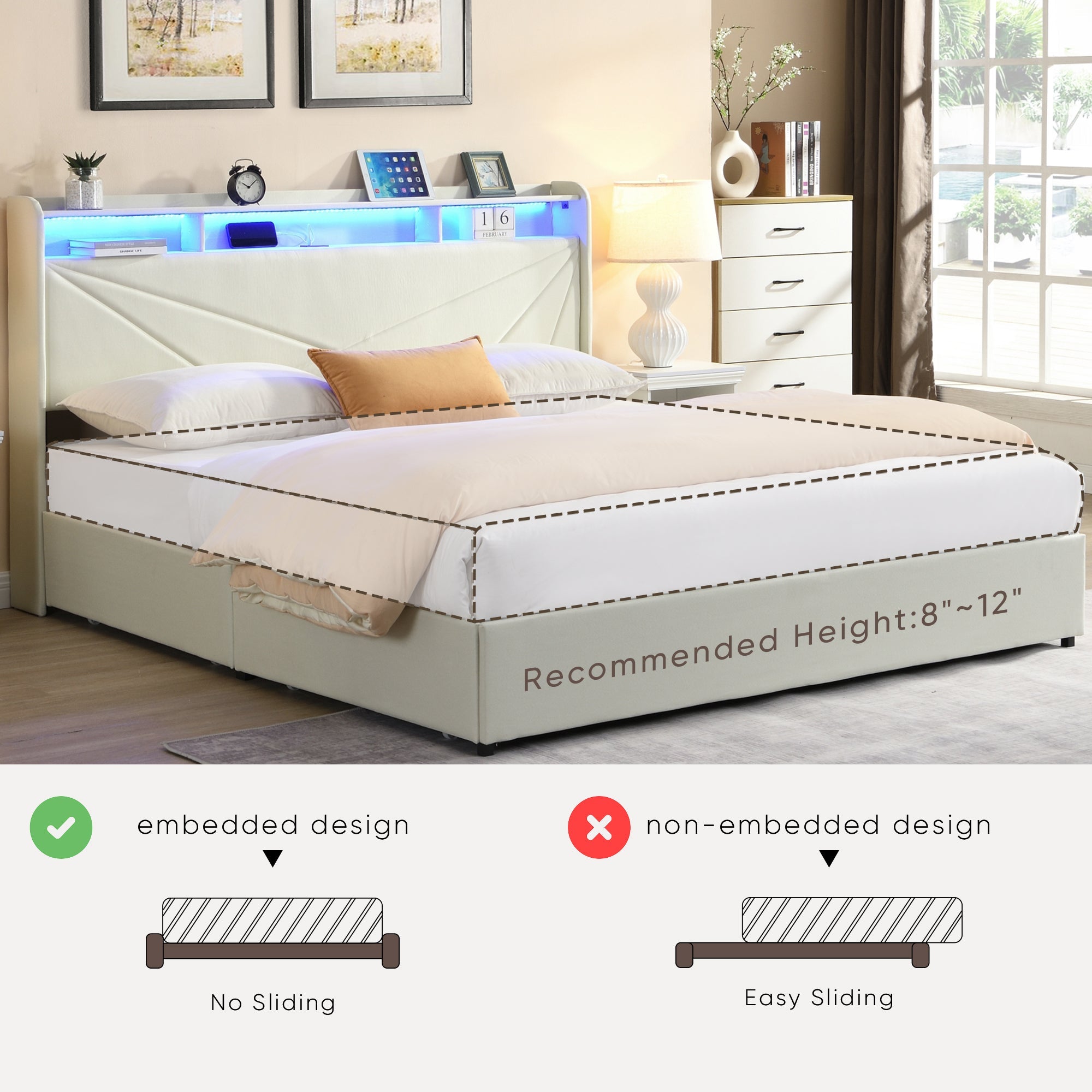 Gas Lift Upholstered Bed Frame with Storage,  LED Lights Headboard