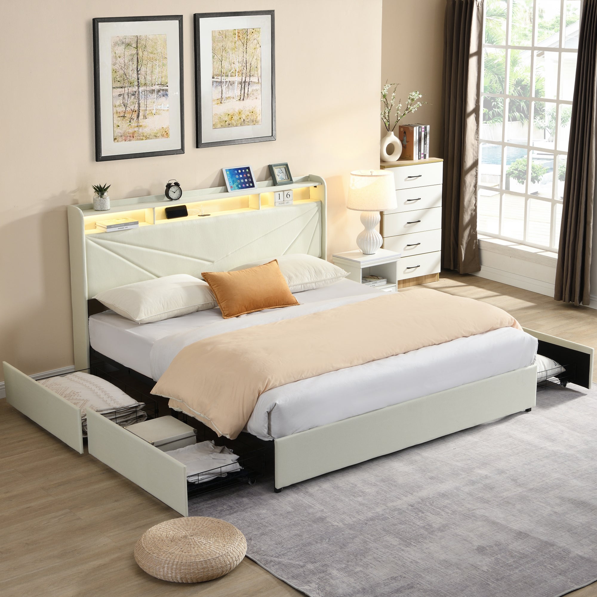 Gas Lift Upholstered Bed Frame with Storage,  LED Lights Headboard