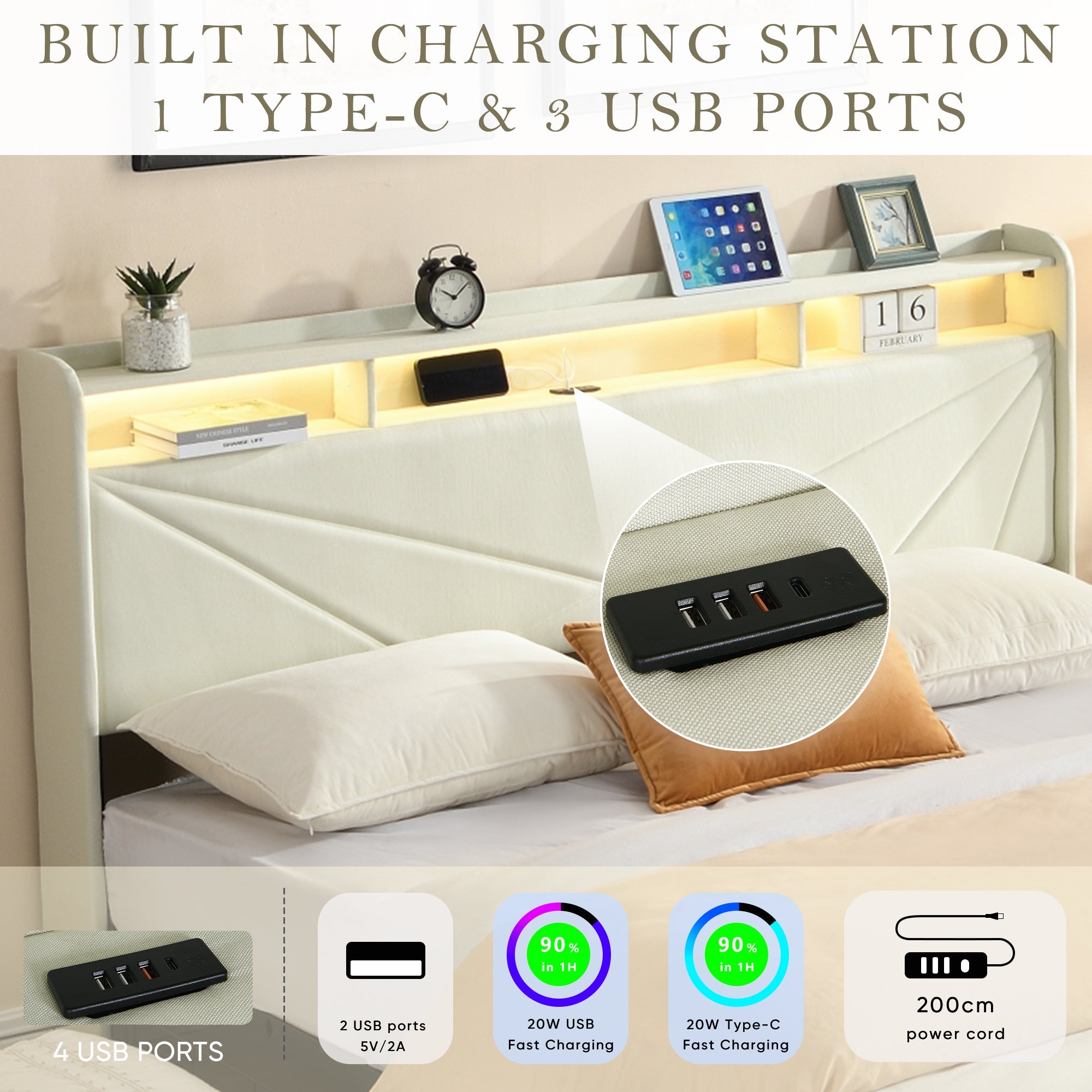 Gas Lift Upholstered Bed Frame with Storage,  LED Lights Headboard