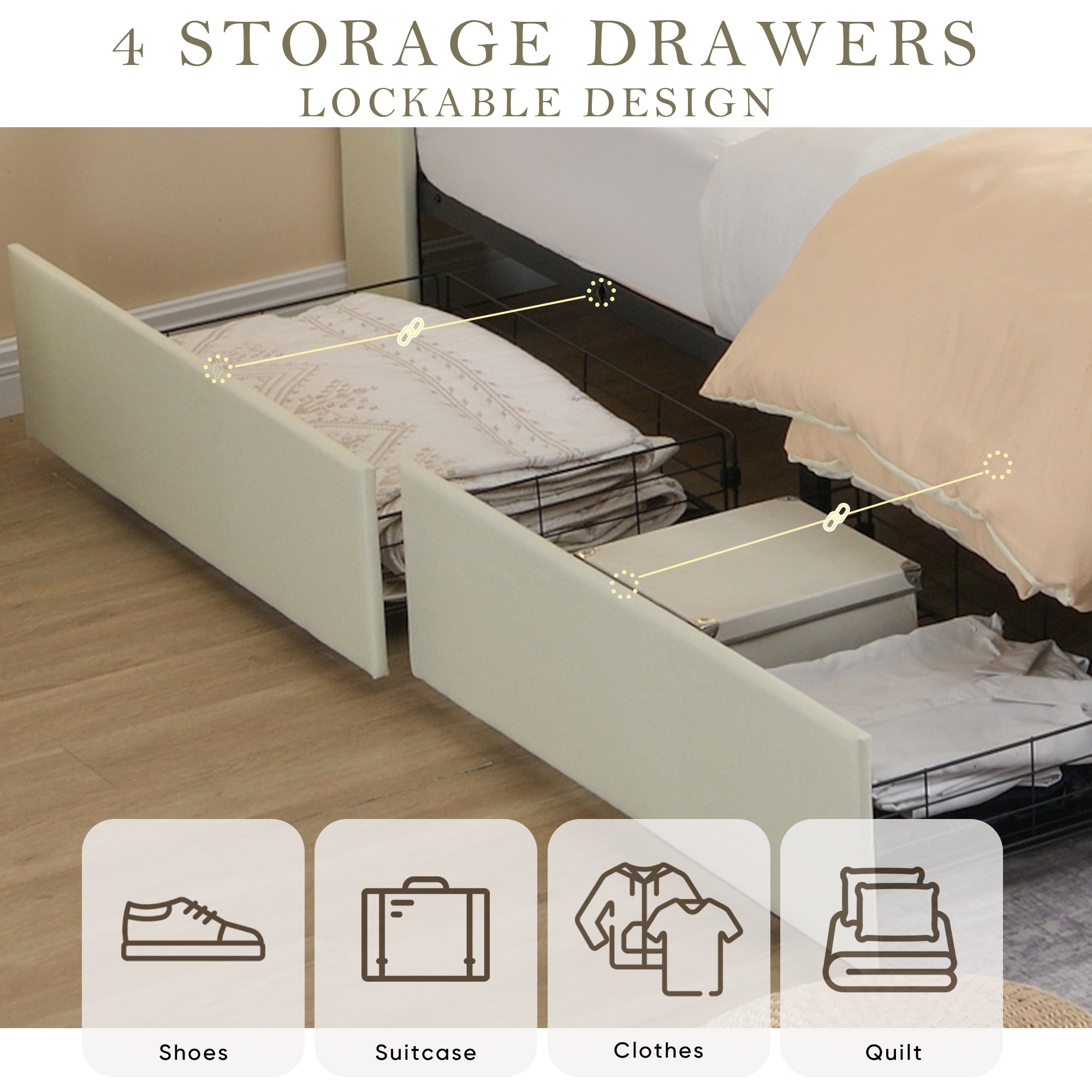 Gas Lift Upholstered Bed Frame with Storage,  LED Lights Headboard
