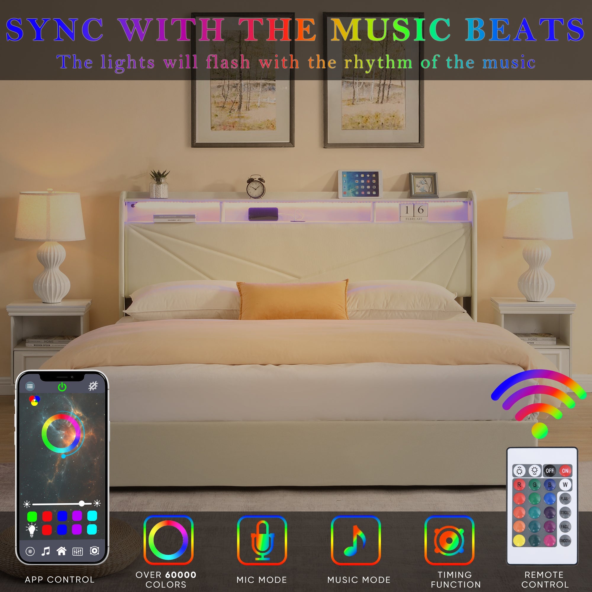 Gas Lift Upholstered Bed Frame with Storage,  LED Lights Headboard