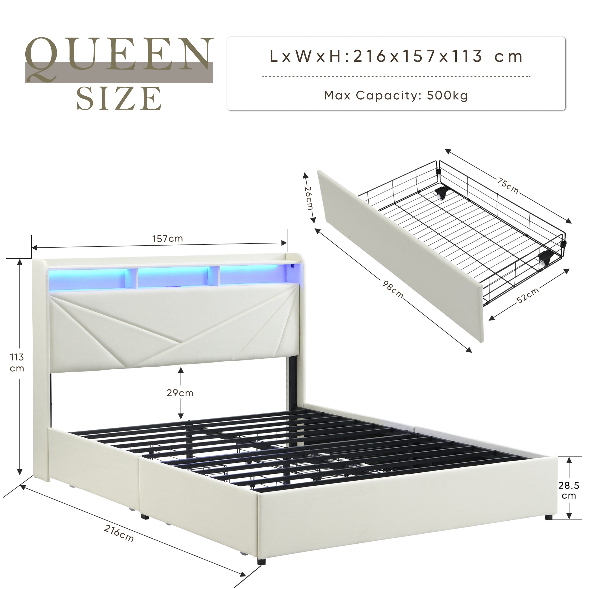 Gas Lift Upholstered Bed Frame with Storage,  LED Lights Headboard