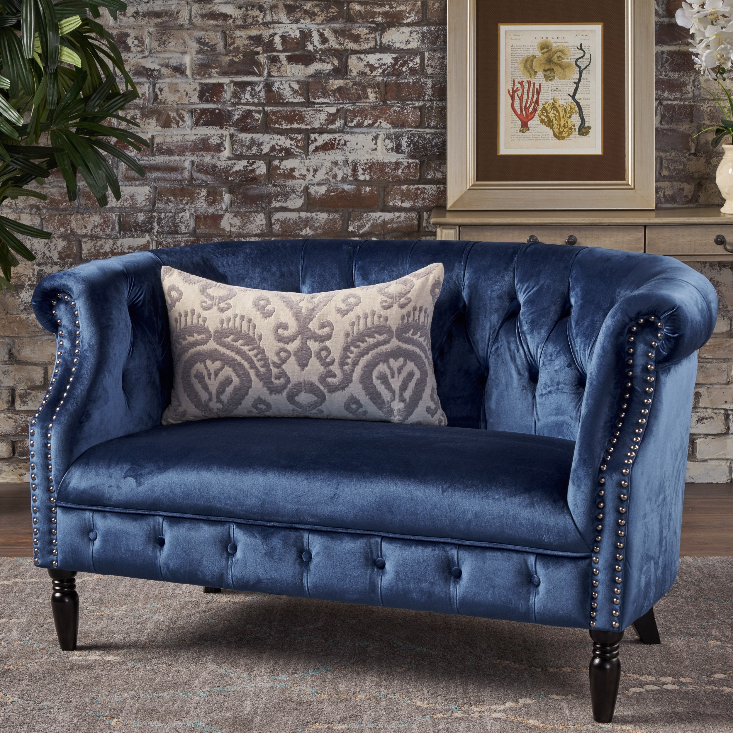 Baroque Style Navy Blue Velvet Loveseat Sofa