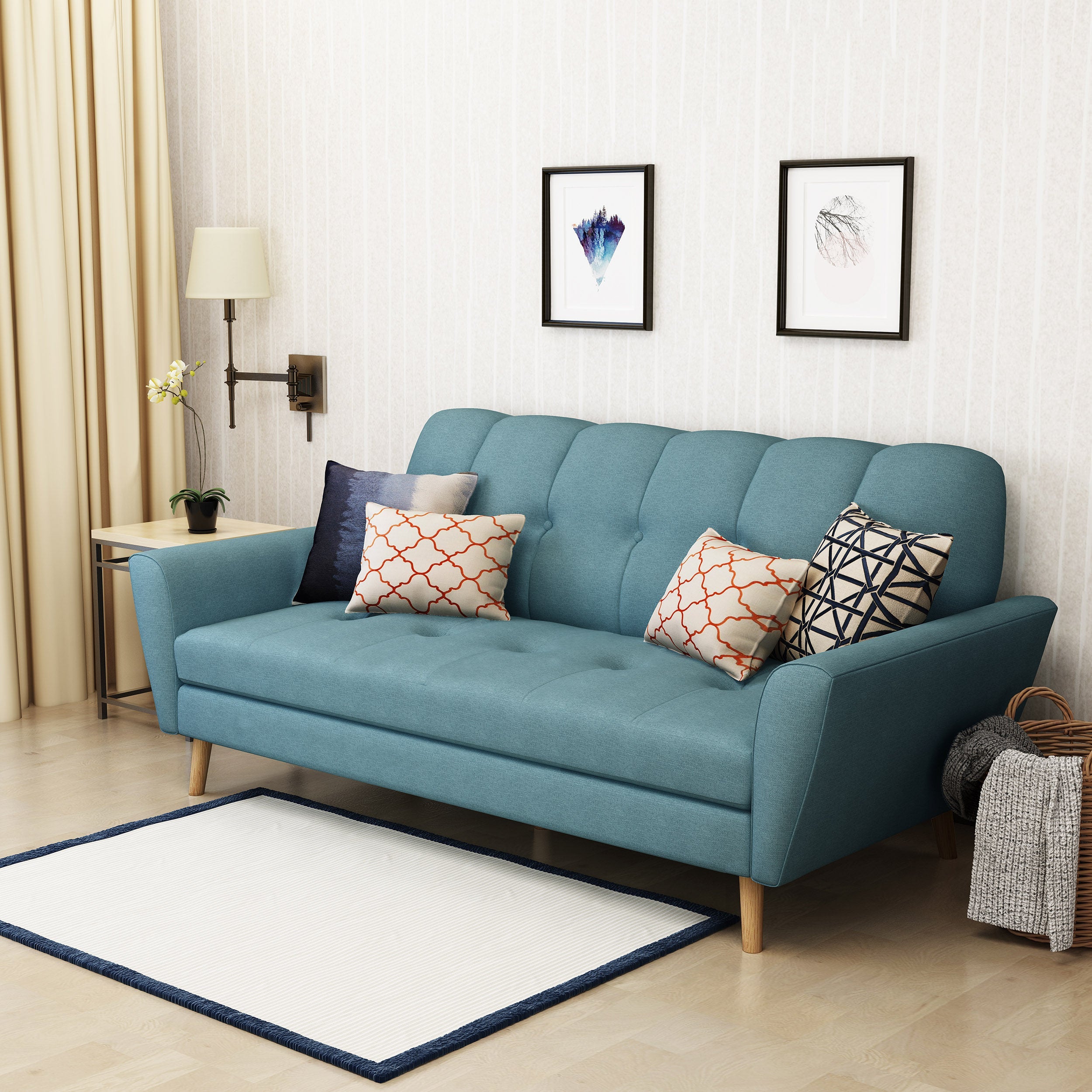 Mid-Century Modern Soft Blue-Green Fabric Loveseat Sofa