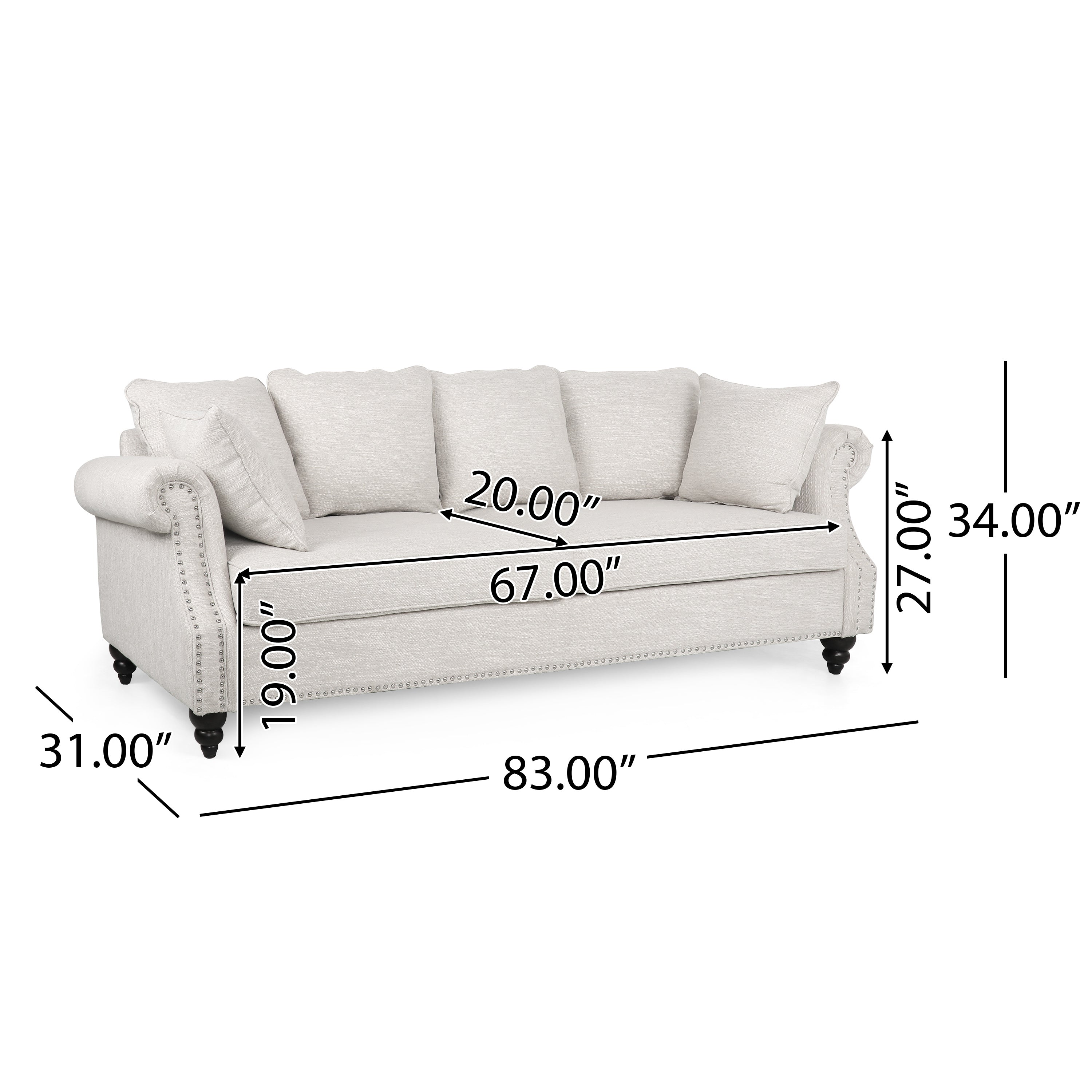 Contemporary Beige Upholstered Fabric 3-Seater Sofa with hug pillows