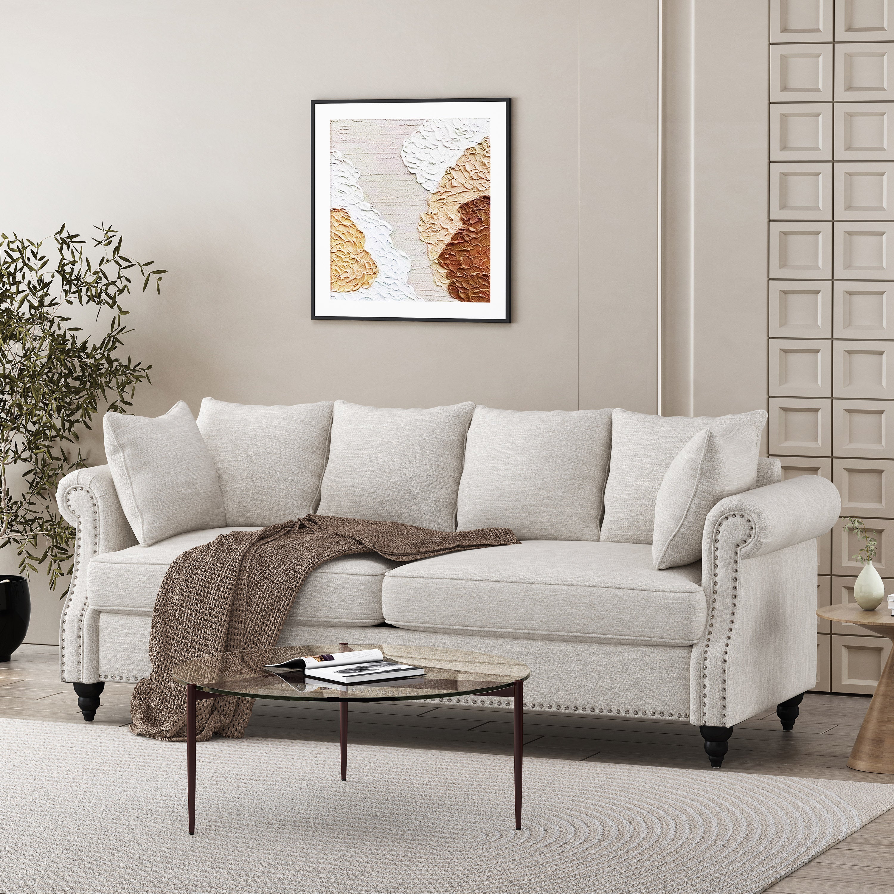 Contemporary Upholstered Fabric Sofa with Hug Pillows, 3-Seater, Beige