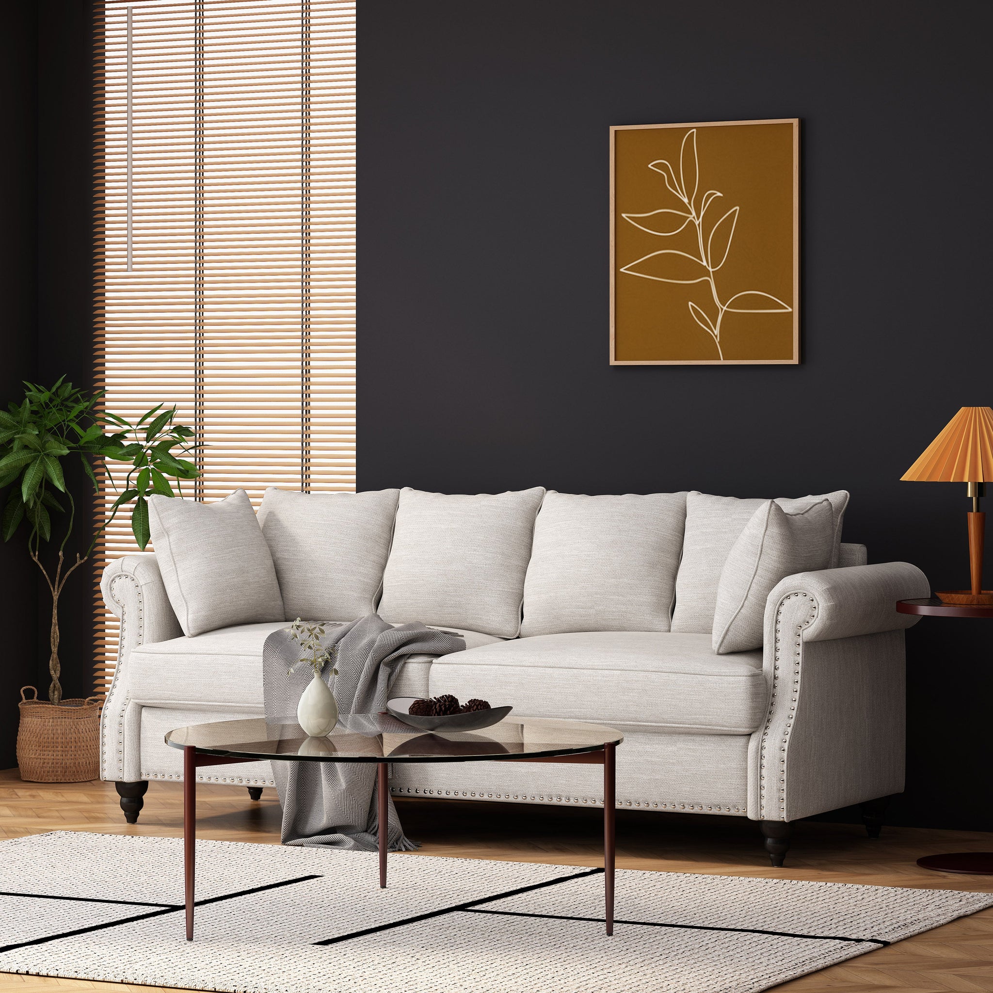 Contemporary Beige Upholstered Fabric 3-Seater Sofa with hug pillows