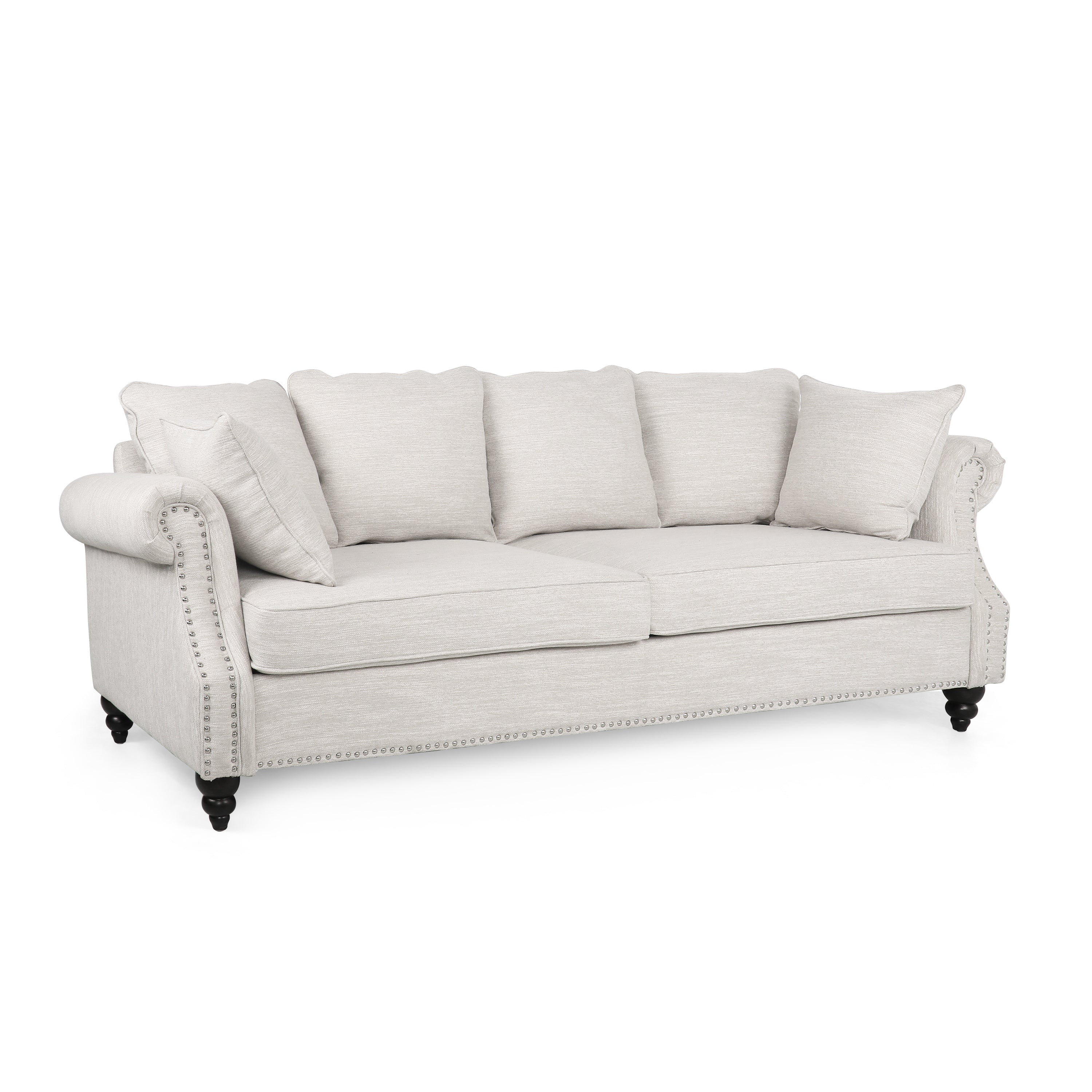 Contemporary Beige Upholstered Fabric 3-Seater Sofa with hug pillows