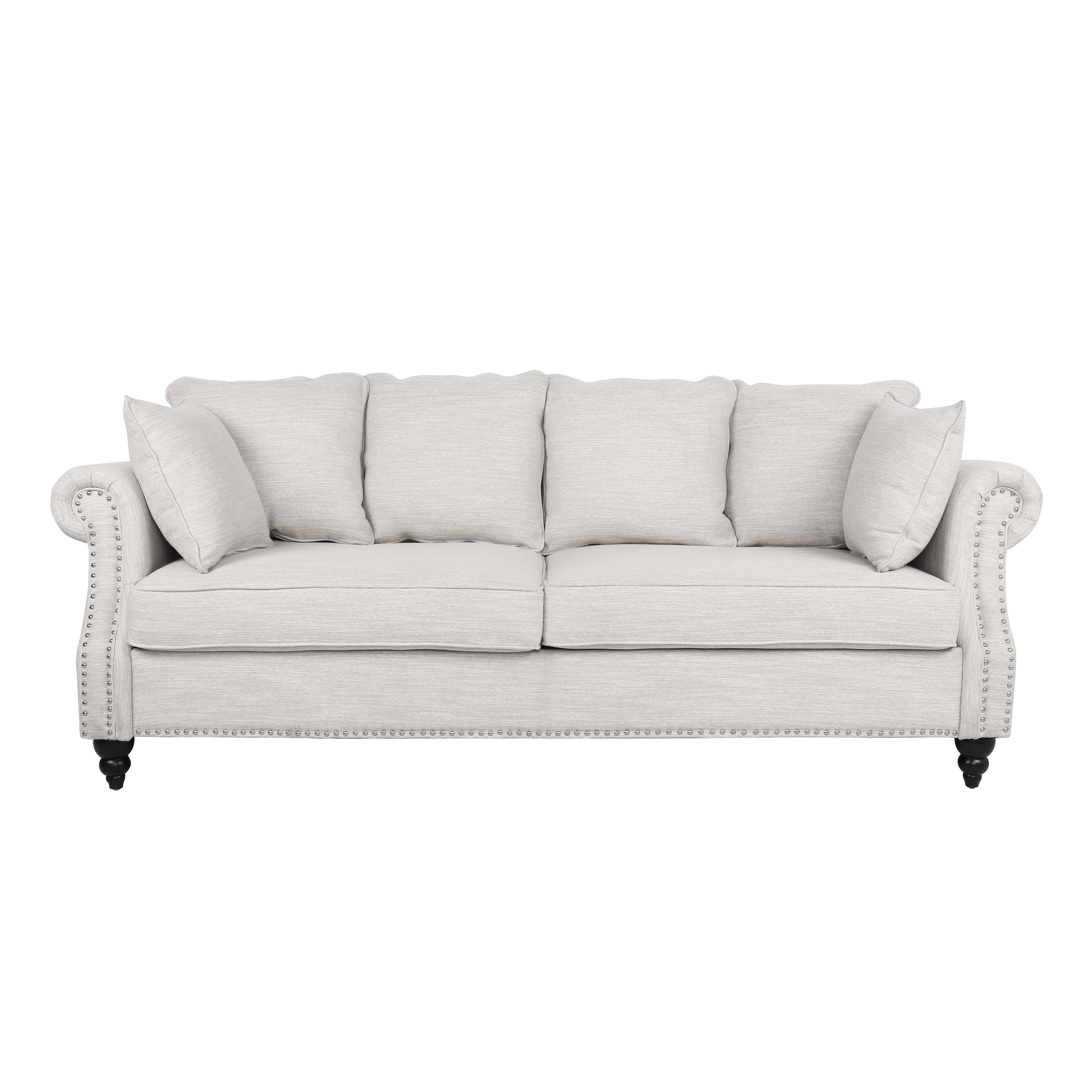 Contemporary Beige Upholstered Fabric 3-Seater Sofa with hug pillows