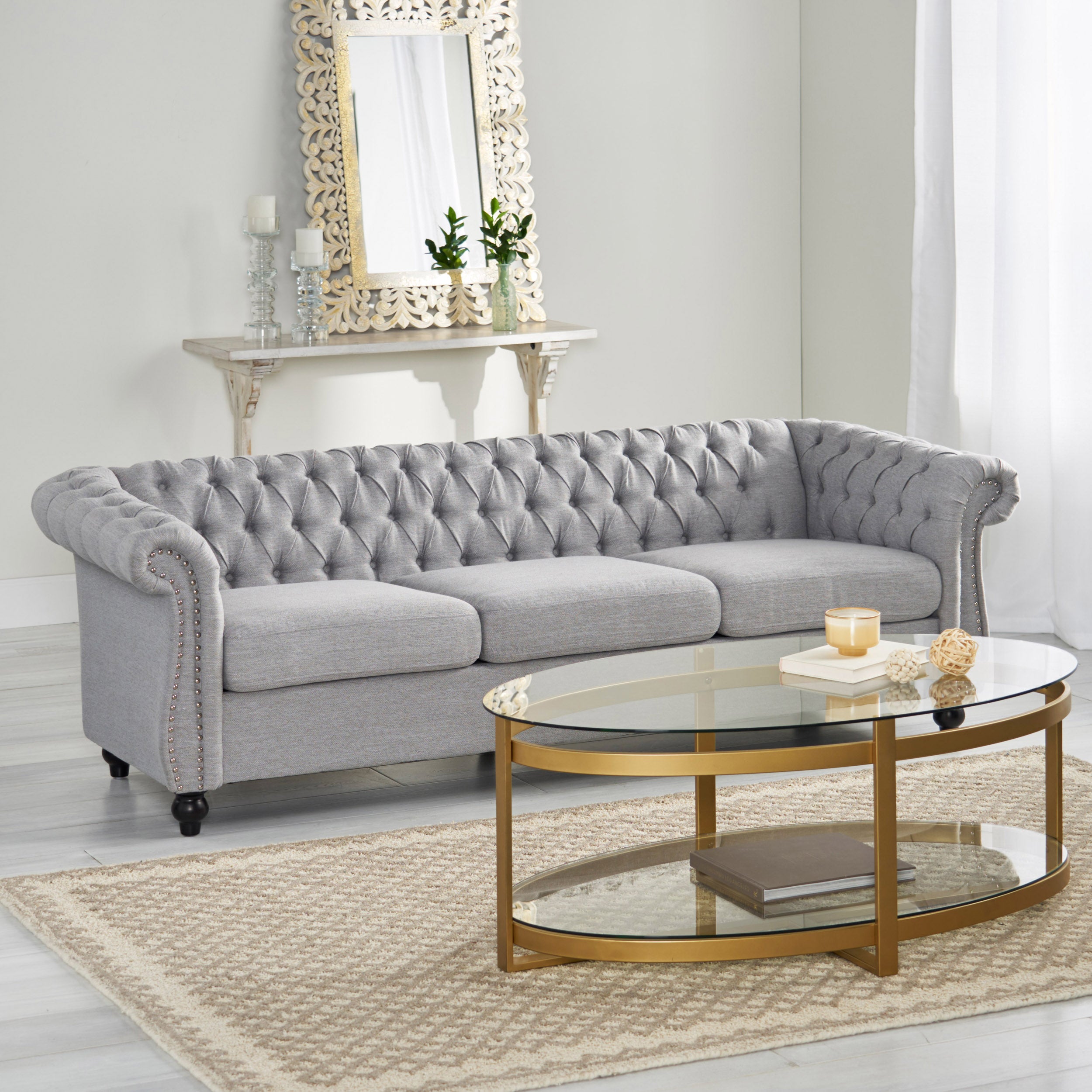 Modern Style Cloud Gray Button Tufted Upholstered Fabric Sofa