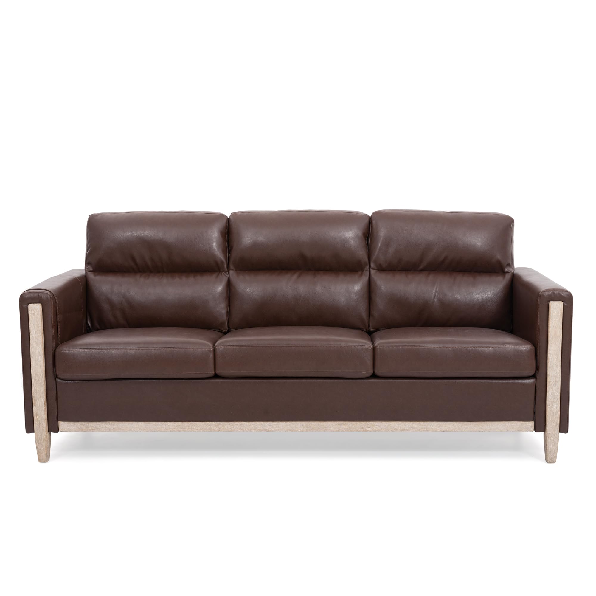 Modern Brown PU Leather 3-Seater Sofa with Storage Pocket