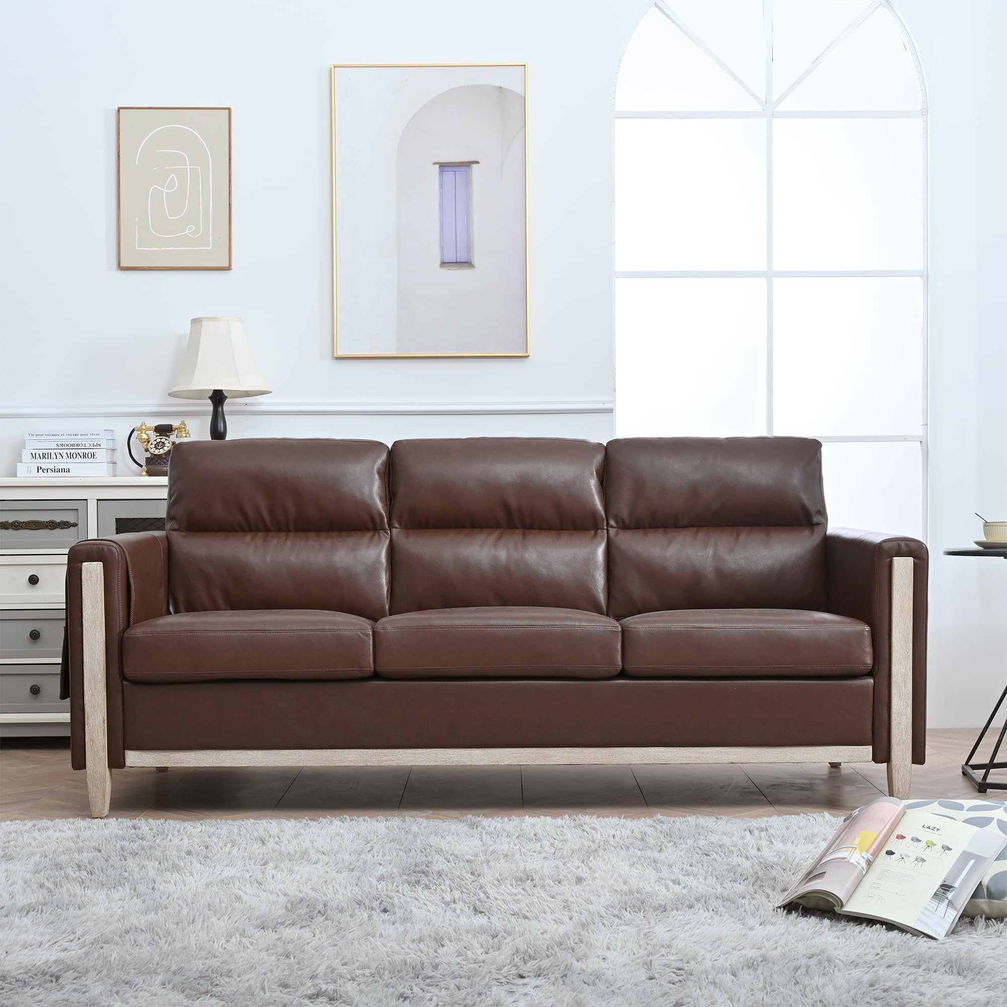 Modern Brown PU Leather 3-Seater Sofa with Storage Pocket
