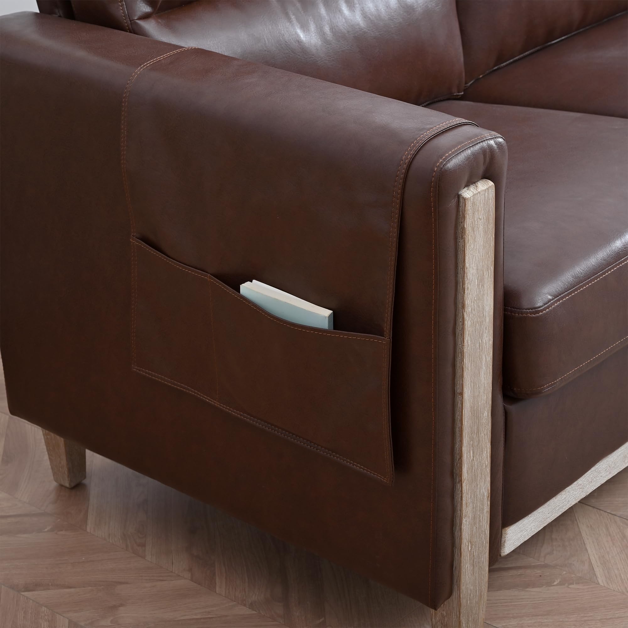 Modern Brown PU Leather 3-Seater Sofa with Storage Pocket