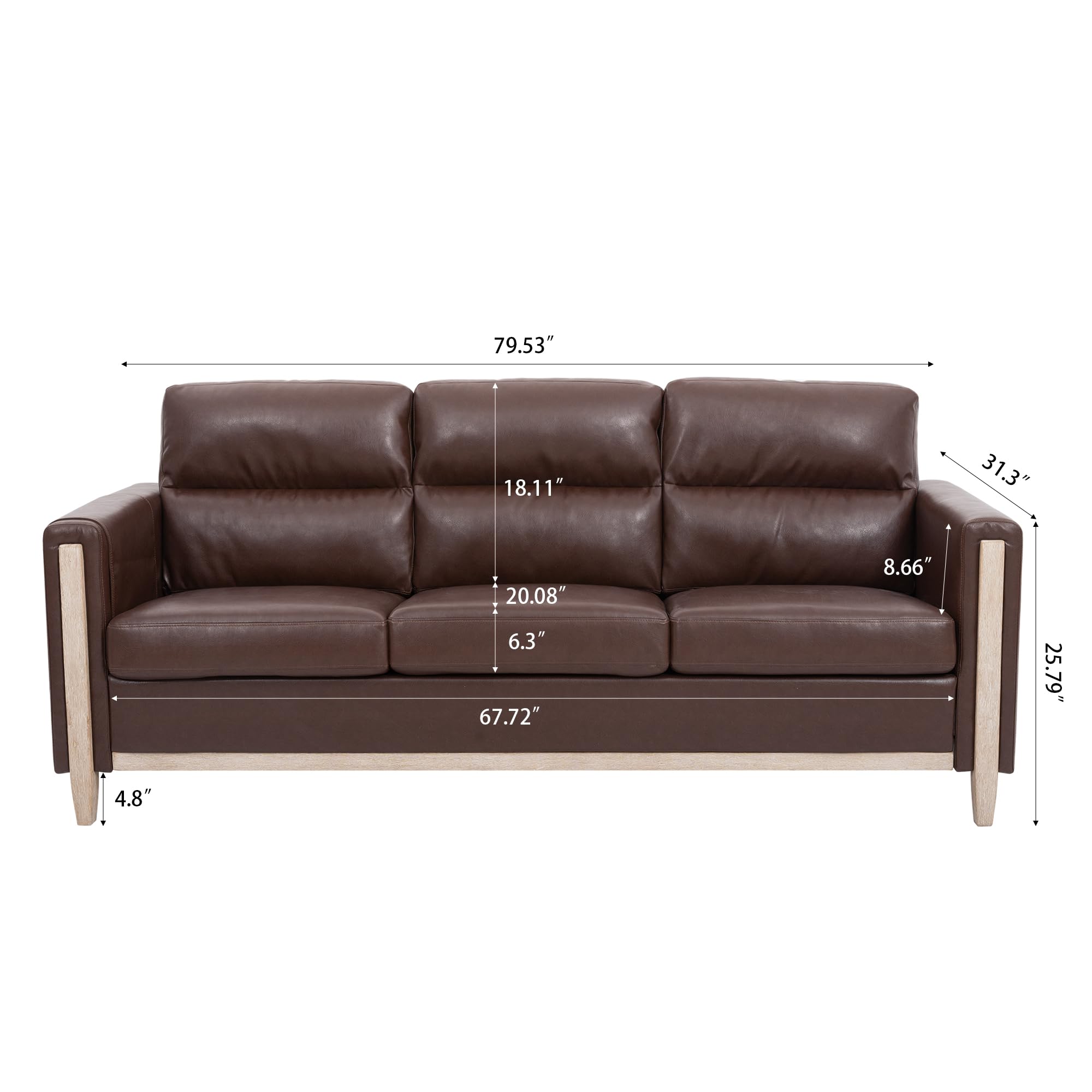 Modern Brown PU Leather 3-Seater Sofa with Storage Pocket