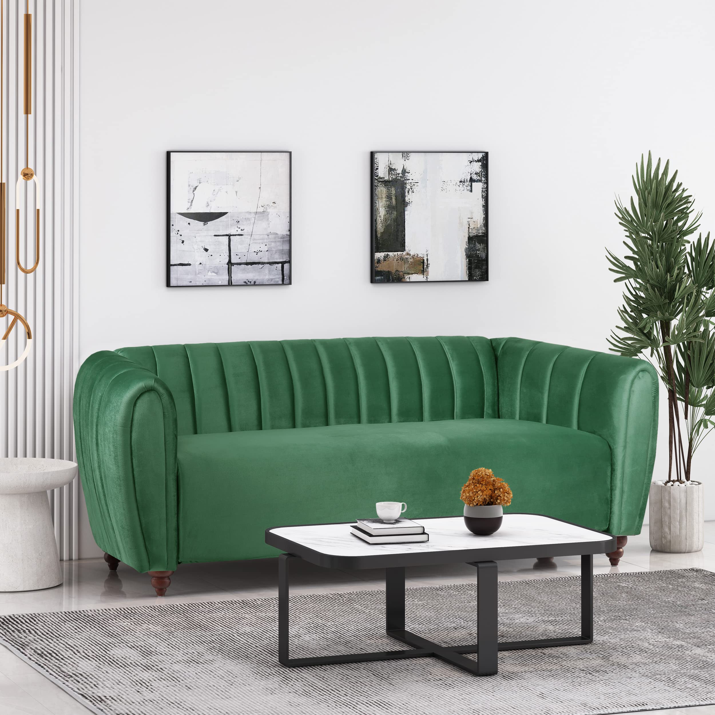 Modern Glam Emerald Green Tufted 3-Seater Velvet Upholstered Sofa