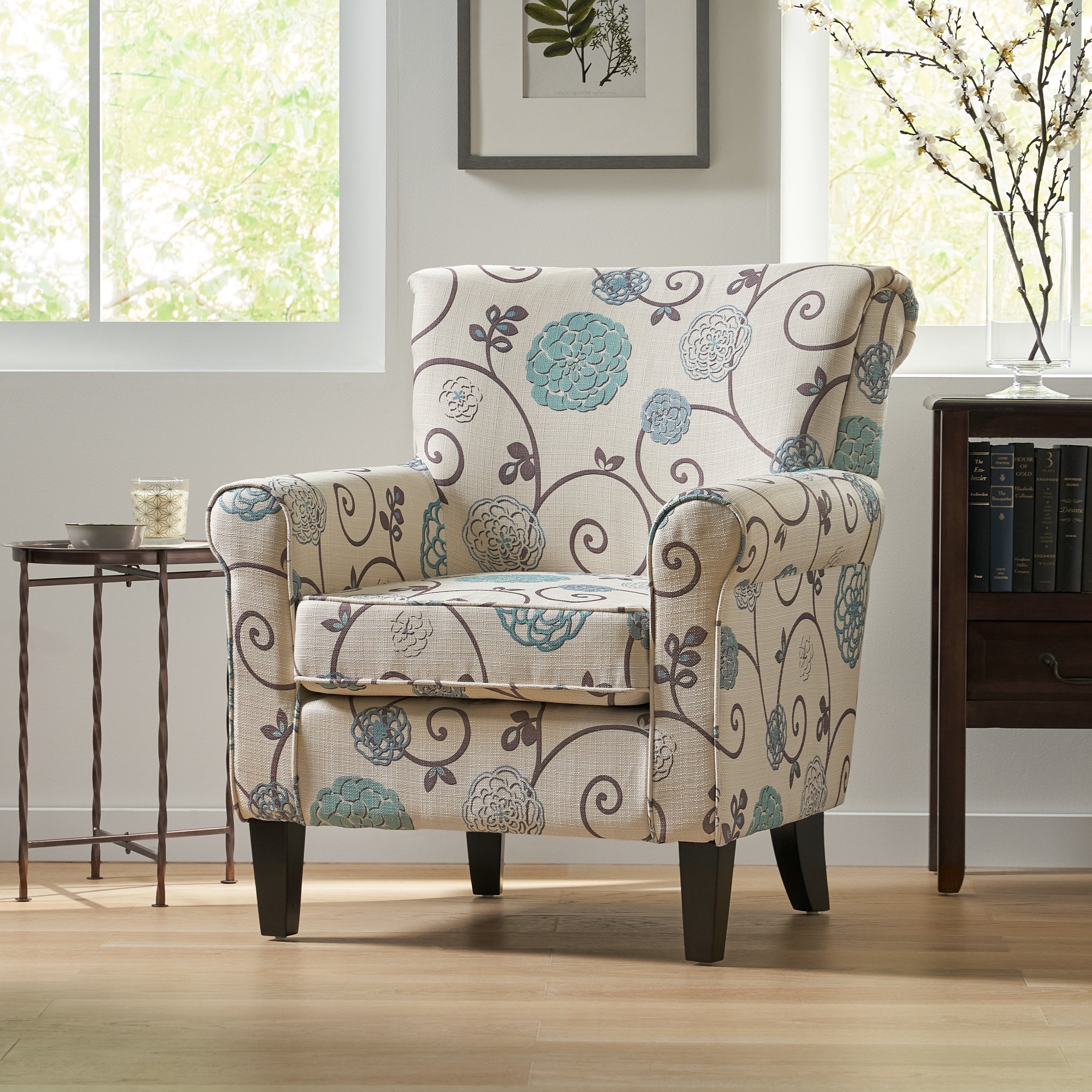 Floral Cottage Core Blue Floral Print Fabric Upholstered Accent Chair